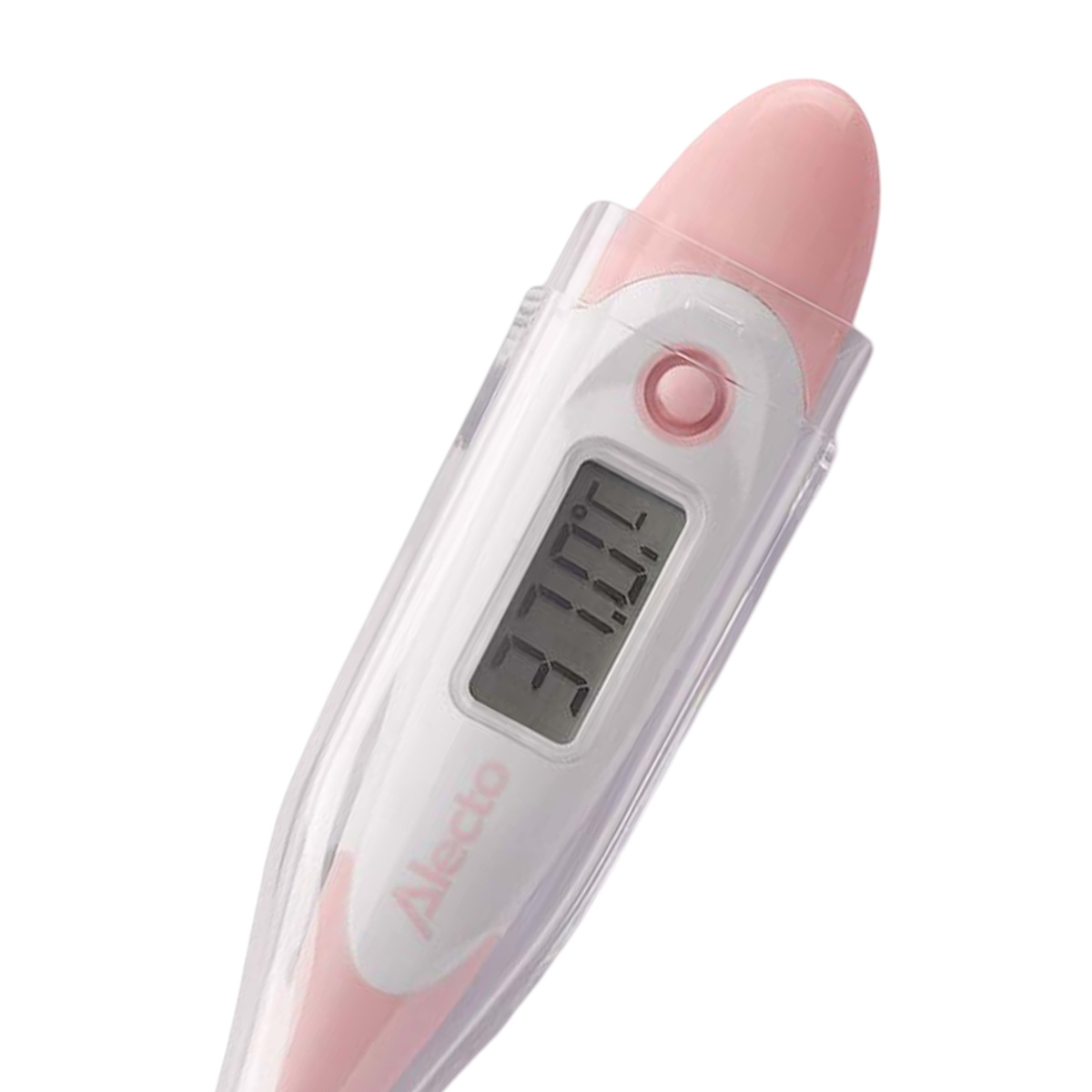 Een roze en witte digitale thermometer met een doorzichtige beschermhoes.