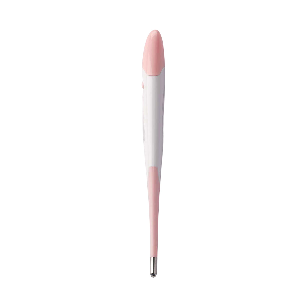 Een digitale thermometer in wit en roze, met een strak design en een display.
