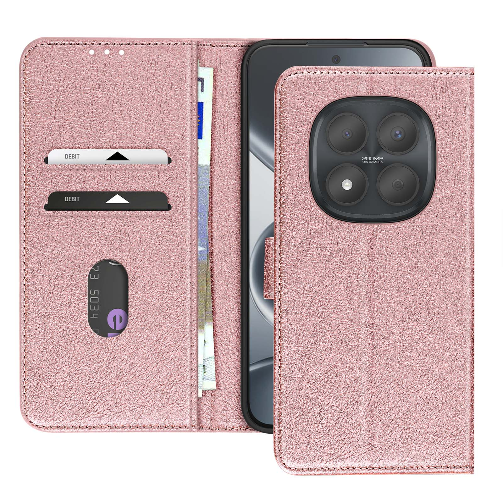 Custodia rosa per telefono con slot per carte e obiettivi.