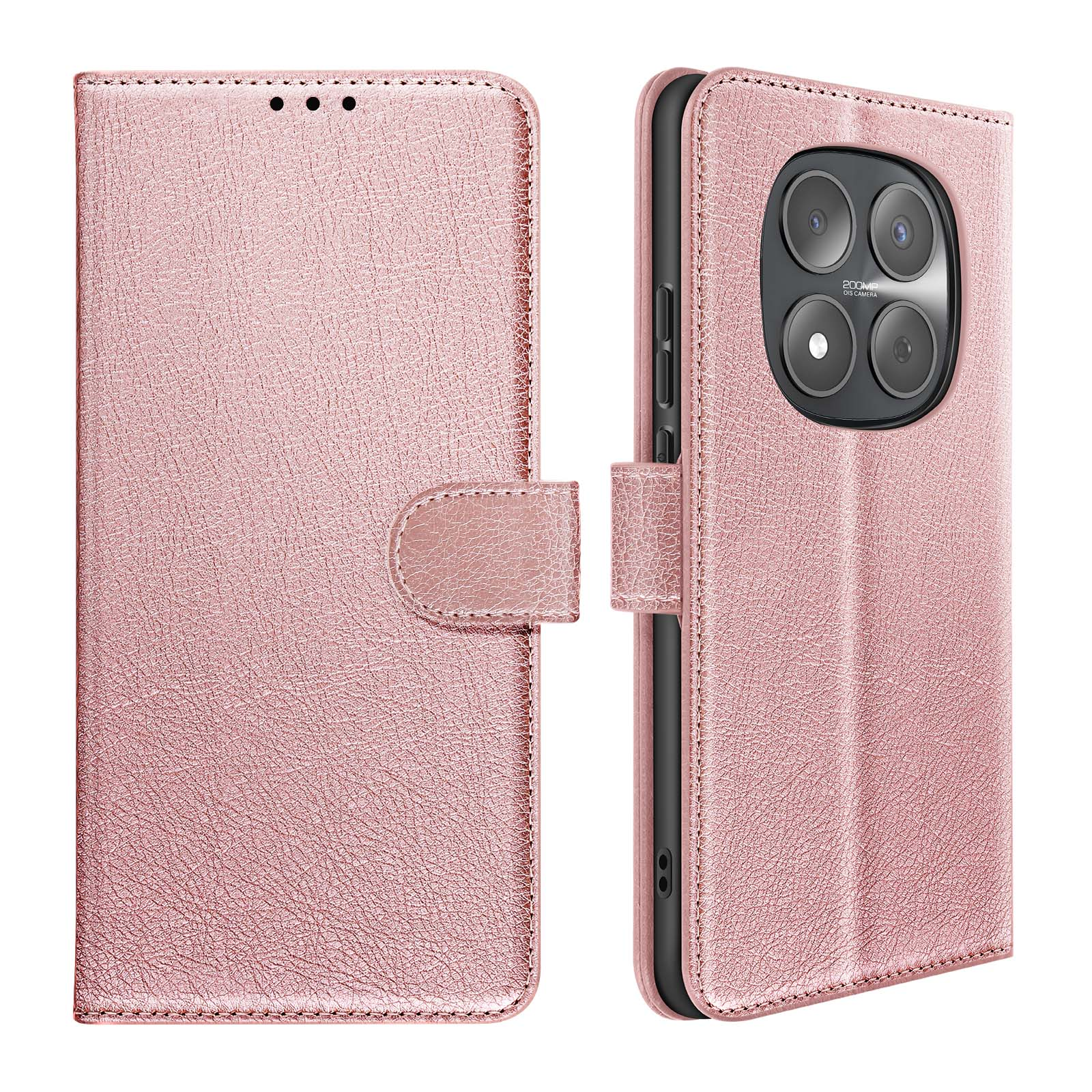 Una custodia a libro in pelle oro rosa con ritaglio fotocamera che mostra tre lenti.