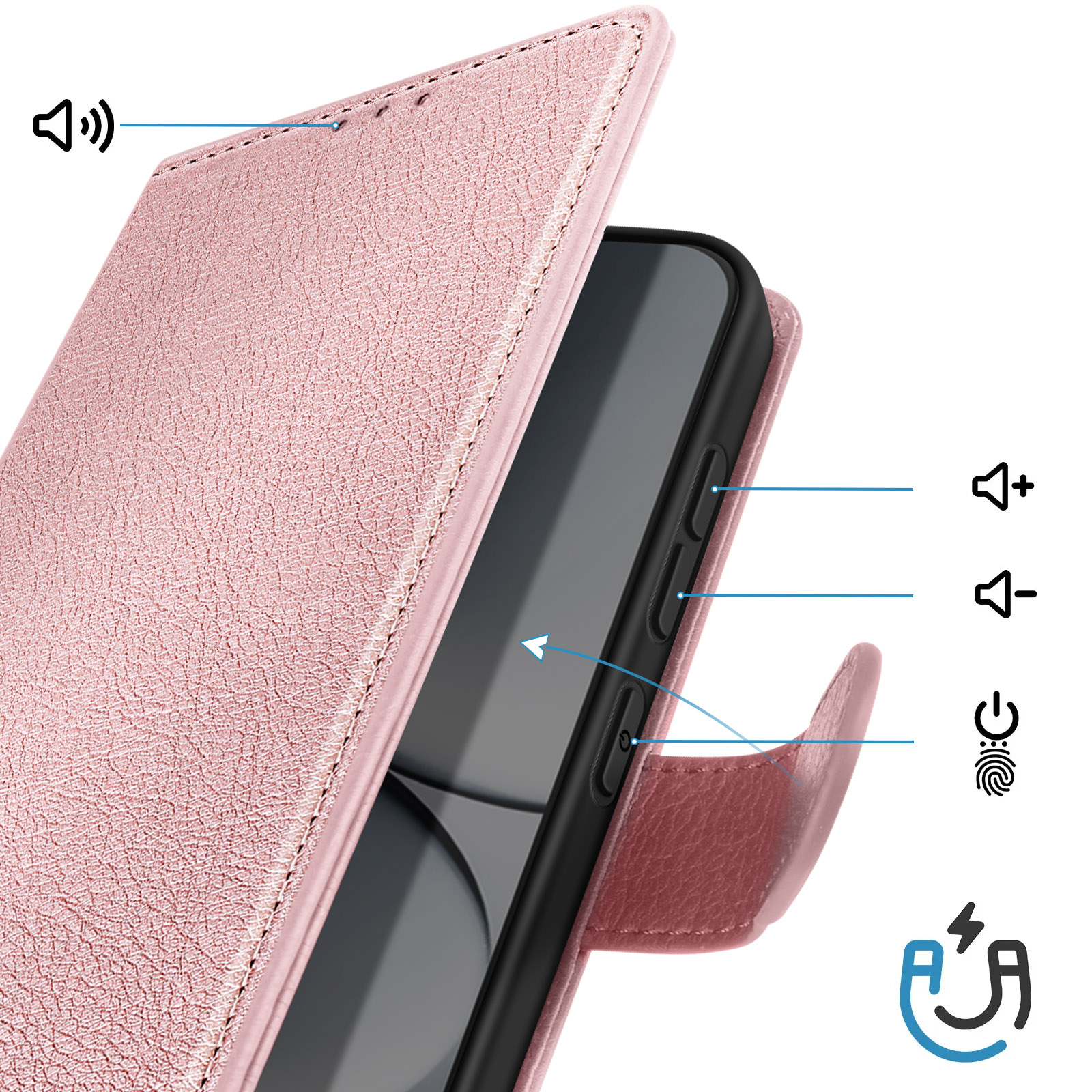 Custodia rosa per telefono con icone per volume, impronta digitale e chiusura magnetica.