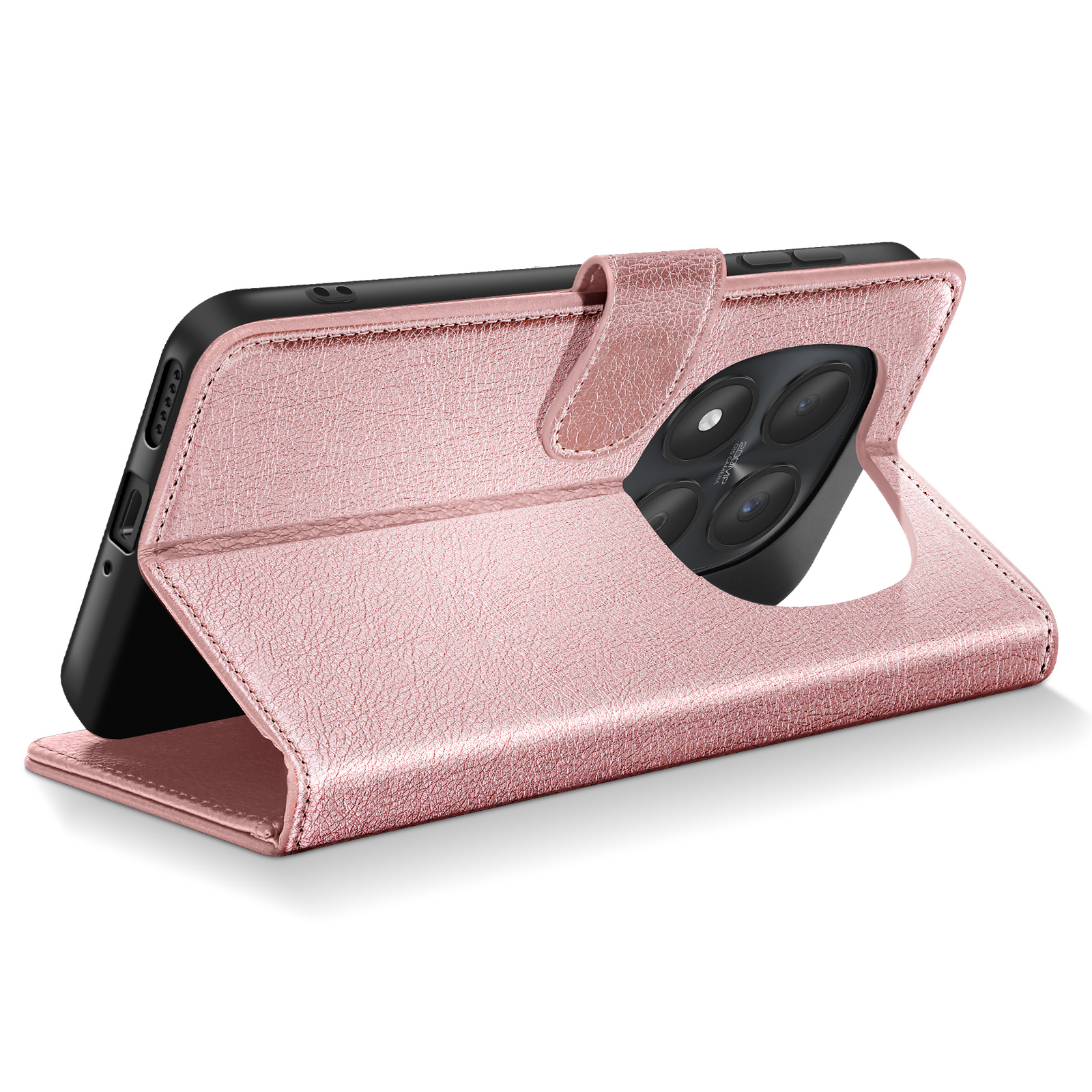 Una custodia a libro rosa oro mostra il retro di un telefono con tre fotocamere.