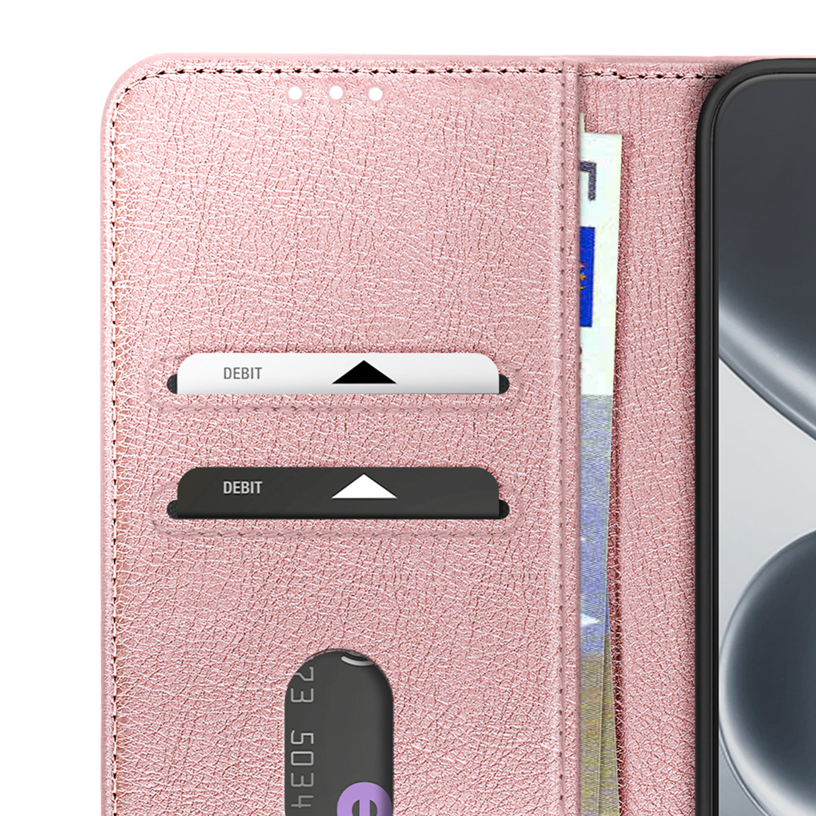 Custodia rosa per telefono con slot per carte. Una banconota è visibile.