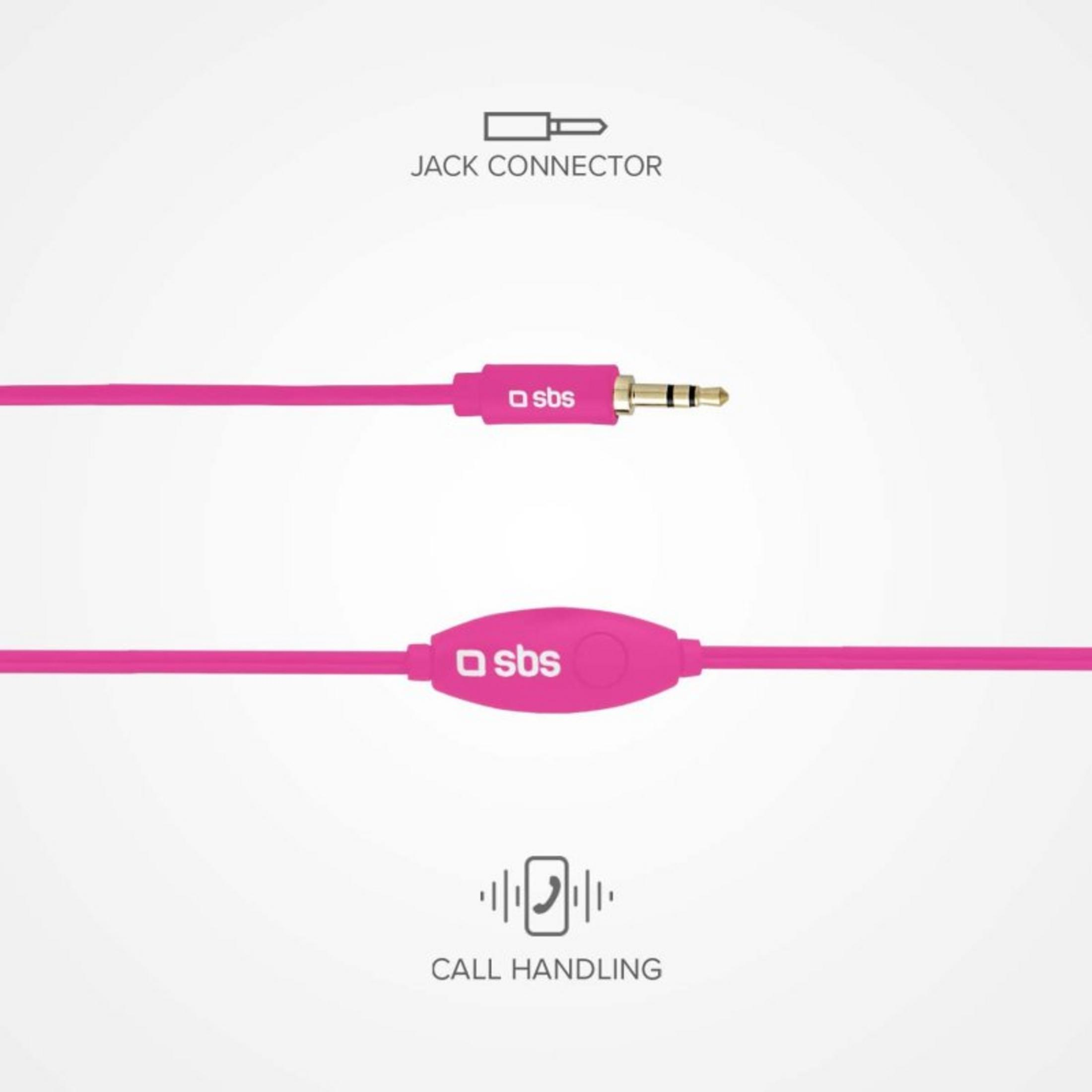 Un cavo rosa con connettore jack e pulsante di gestione chiamate.