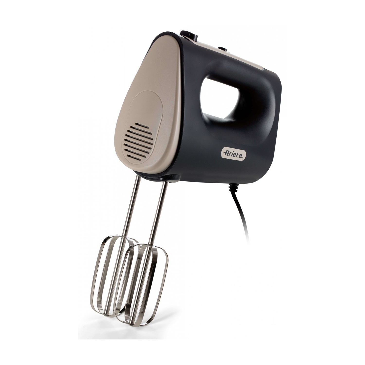 Czarny mikser ręczny z beżowymi akcentami i chromowanymi mieszadłami.