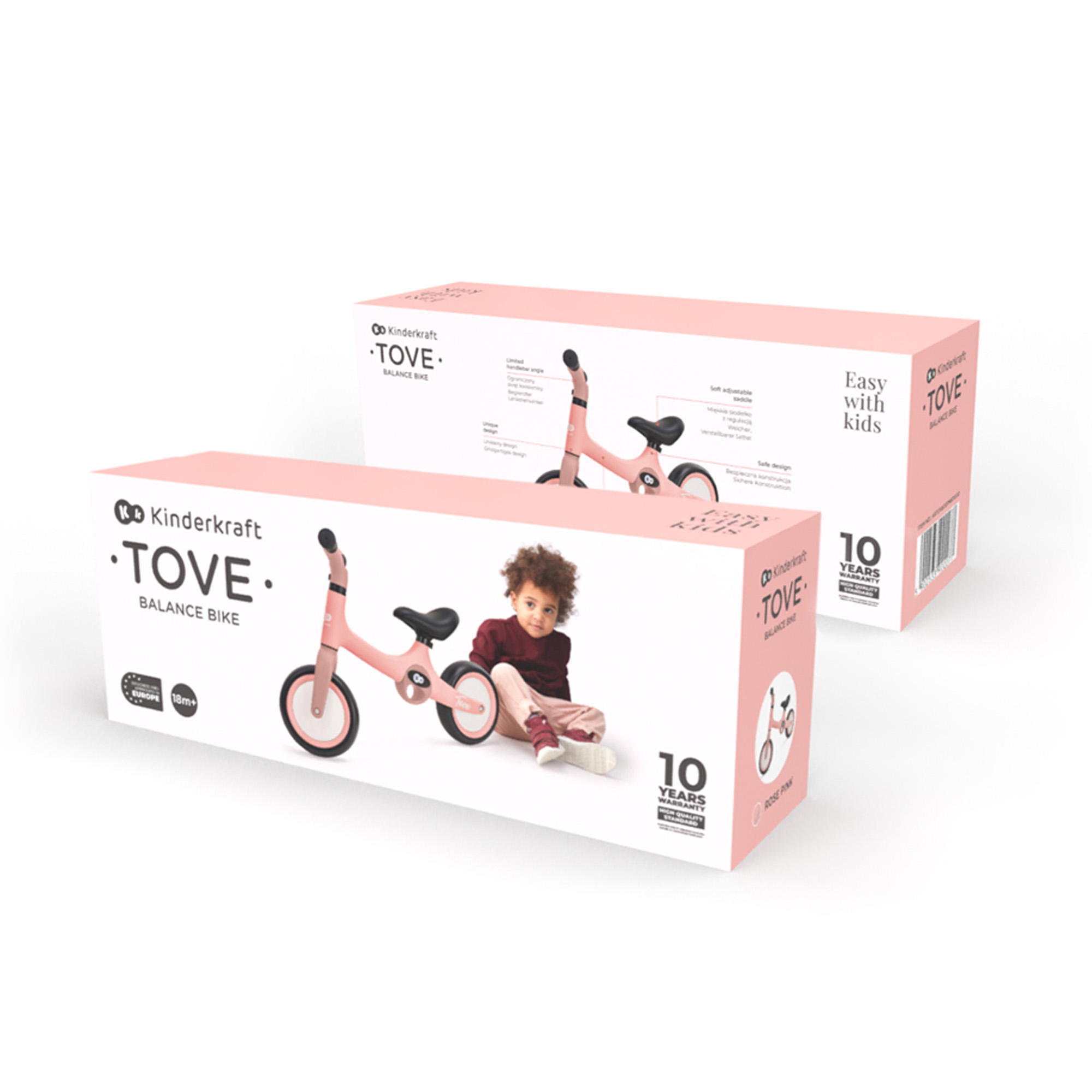 Zwei rosa Kinderfahrräder der Marke Kinderkraft TOVE auf weißen Kartons.