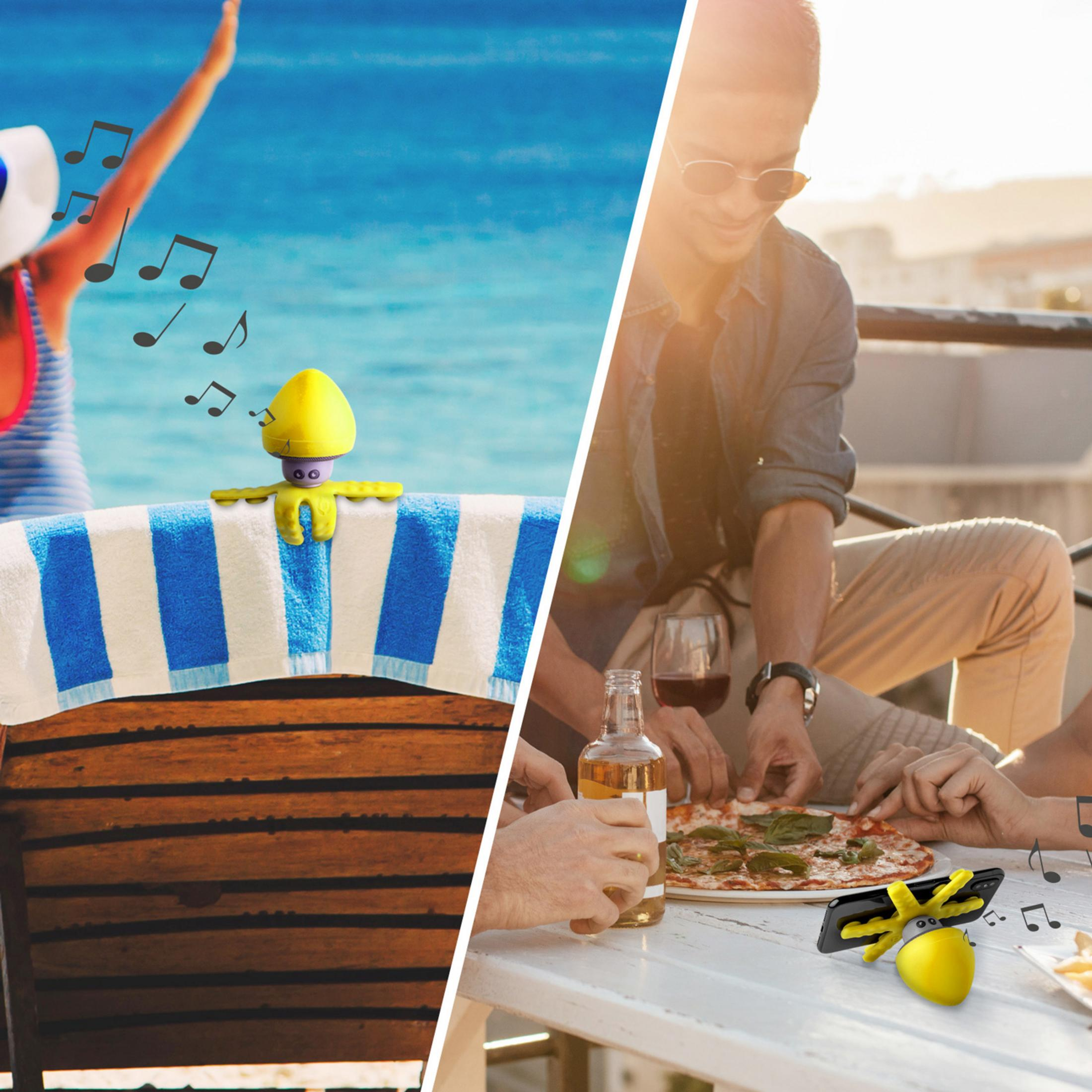 Kobieta w bikini i kapeluszu tańczy na plaży; żółty głośnik na ręczniku.