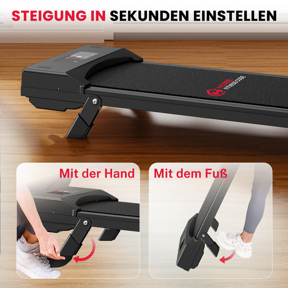 Czarna bieżnia z dwiema opcjami regulacji: ręką i stopą.