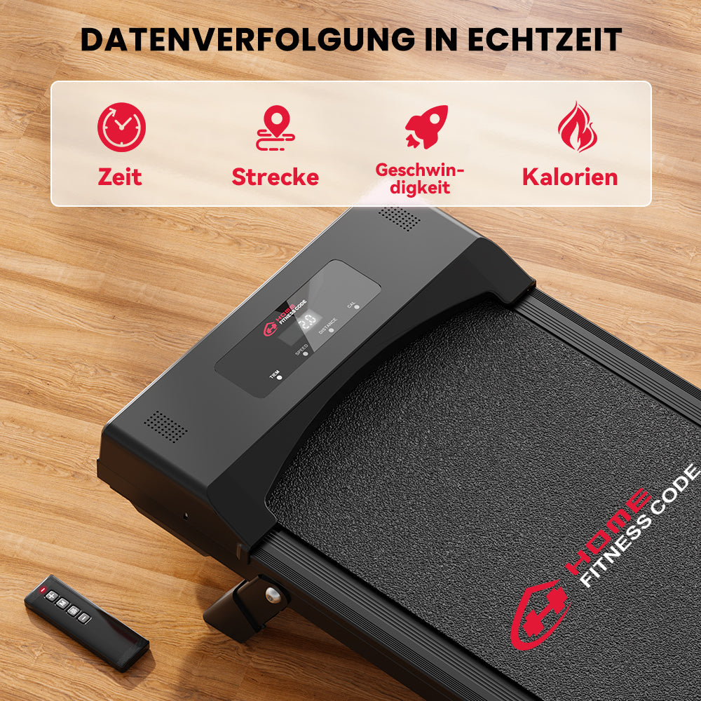 Czarna bieżnia z pilotem i wyświetlaczem pokazującym czas, dystans, prędkość i kalorie.