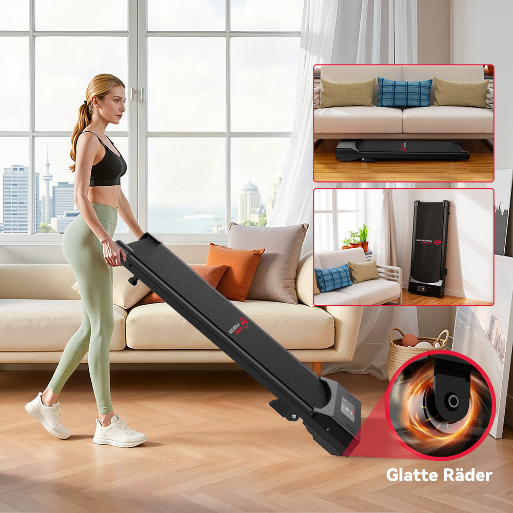 Kobieta z bieżnią w salonie. Małe zdjęcia pokazują bieżnię pod kanapą i stojącą pionowo.