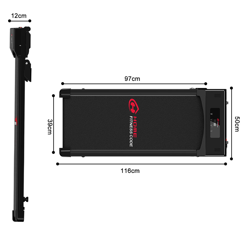 Czarna bieżnia z wymiarami. Lewa widok z boku (12x39cm), prawa widok z góry (97x50cm).