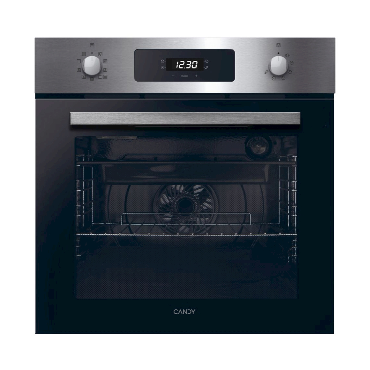 Un forno da incasso moderno in acciaio inox e vetro nero con display digitale.
