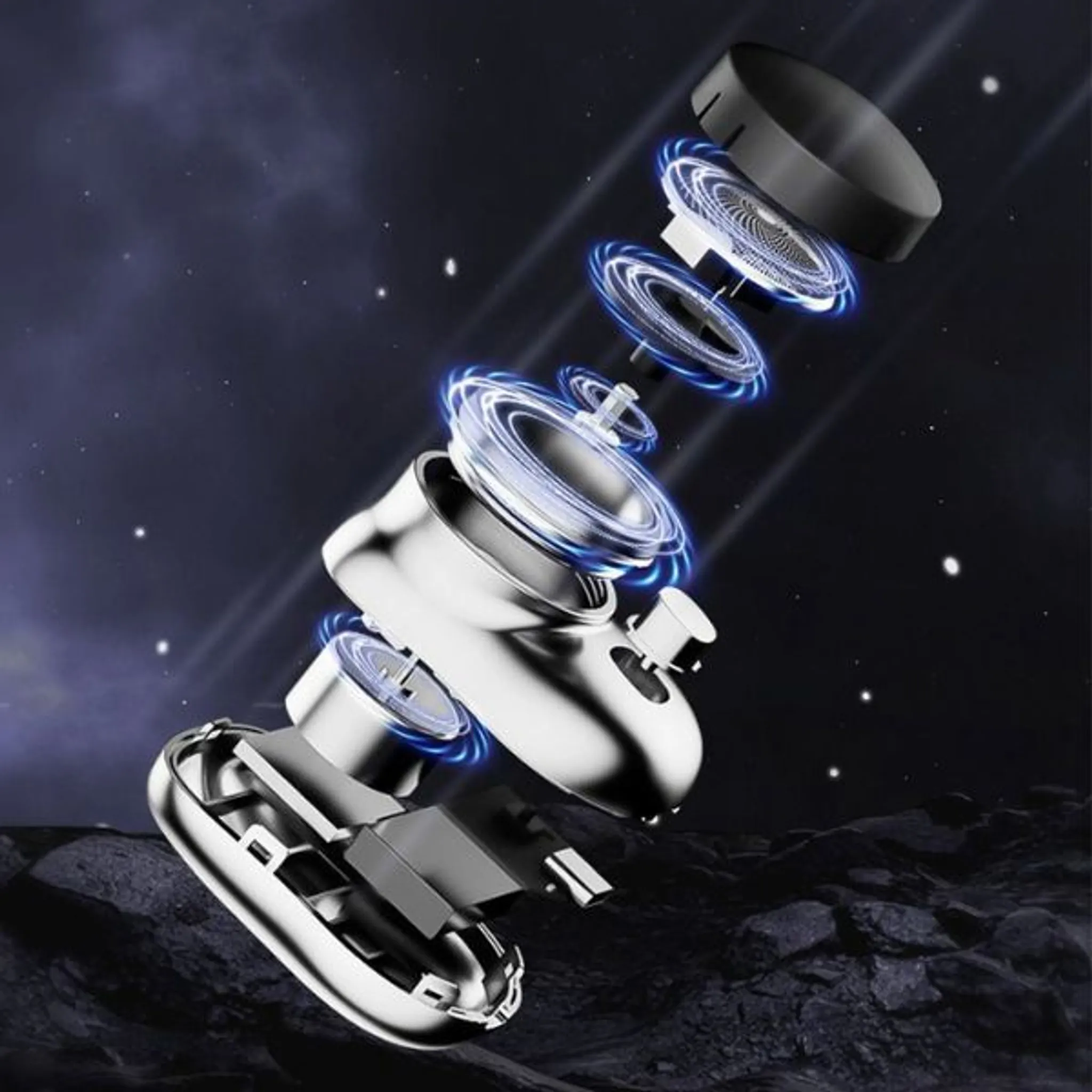 Explodierte Ansicht eines silbernen Geräts mit blauen Ringen im Weltraum.