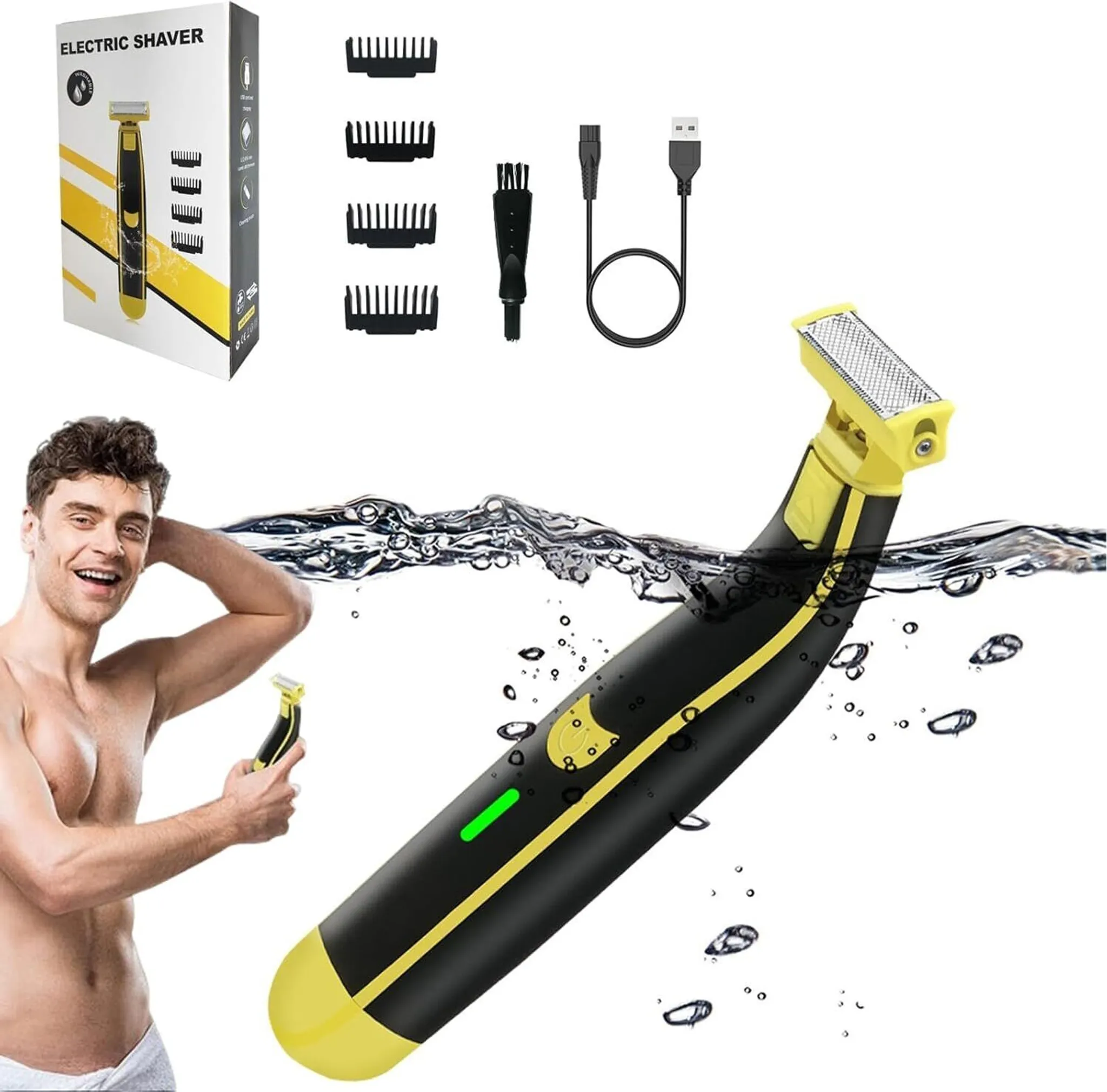 Ein Mann hält einen elektrischen Rasierer mit Zubehör unter Wasser.