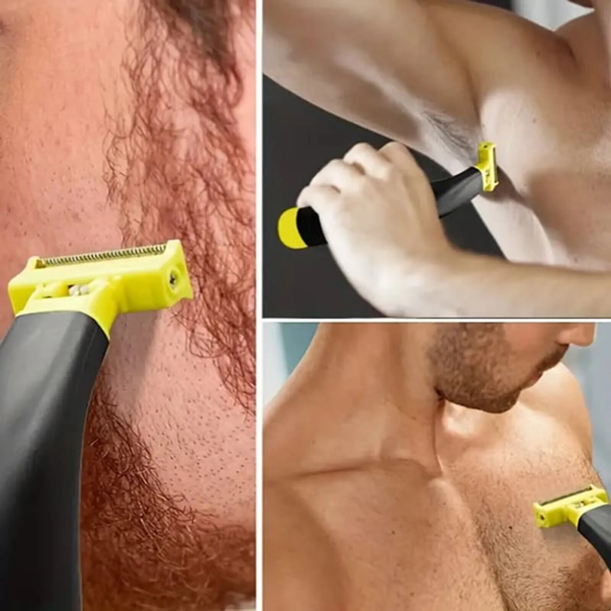 Ein Trimmer mit gelbem Kopf und schwarzem Griff wird verwendet, um Körperhaare zu rasieren.