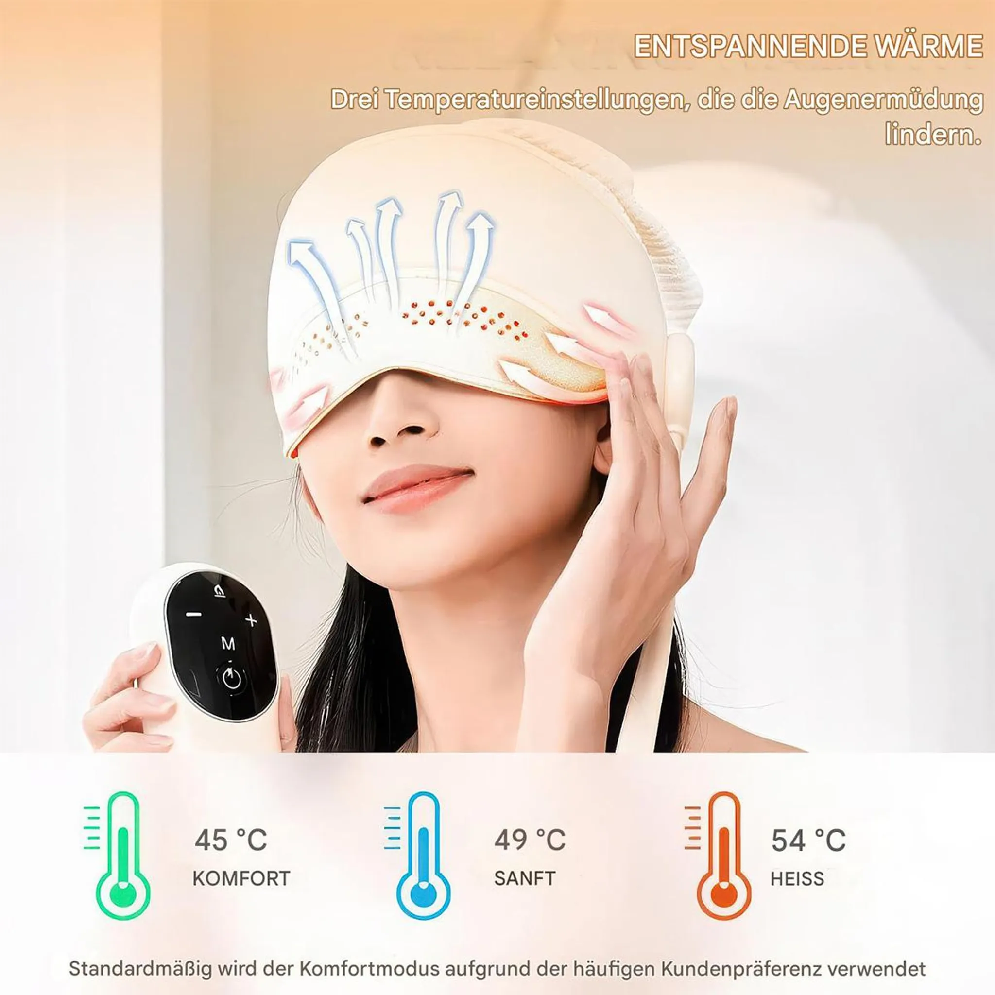 Frau mit Augenmaske und Fernbedienung. Drei Temperatureinstellungen.
