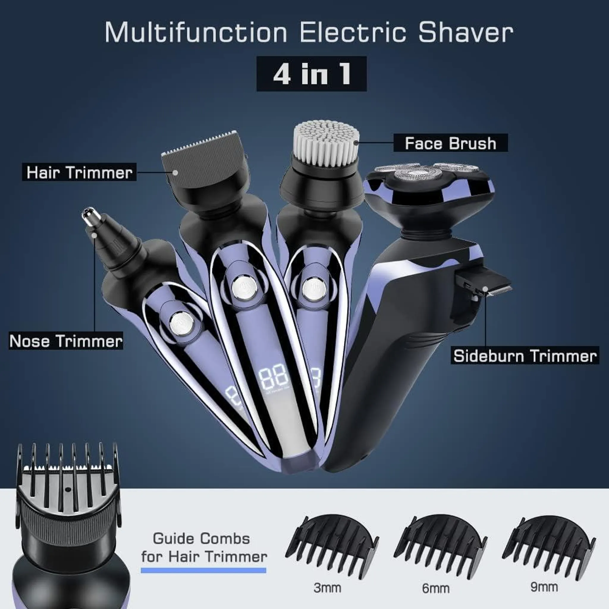 Multifunktions-Rasierer mit Haartrimmer, Nasentrimmer, Gesichtsreiniger und Koteletten-Trimmer.