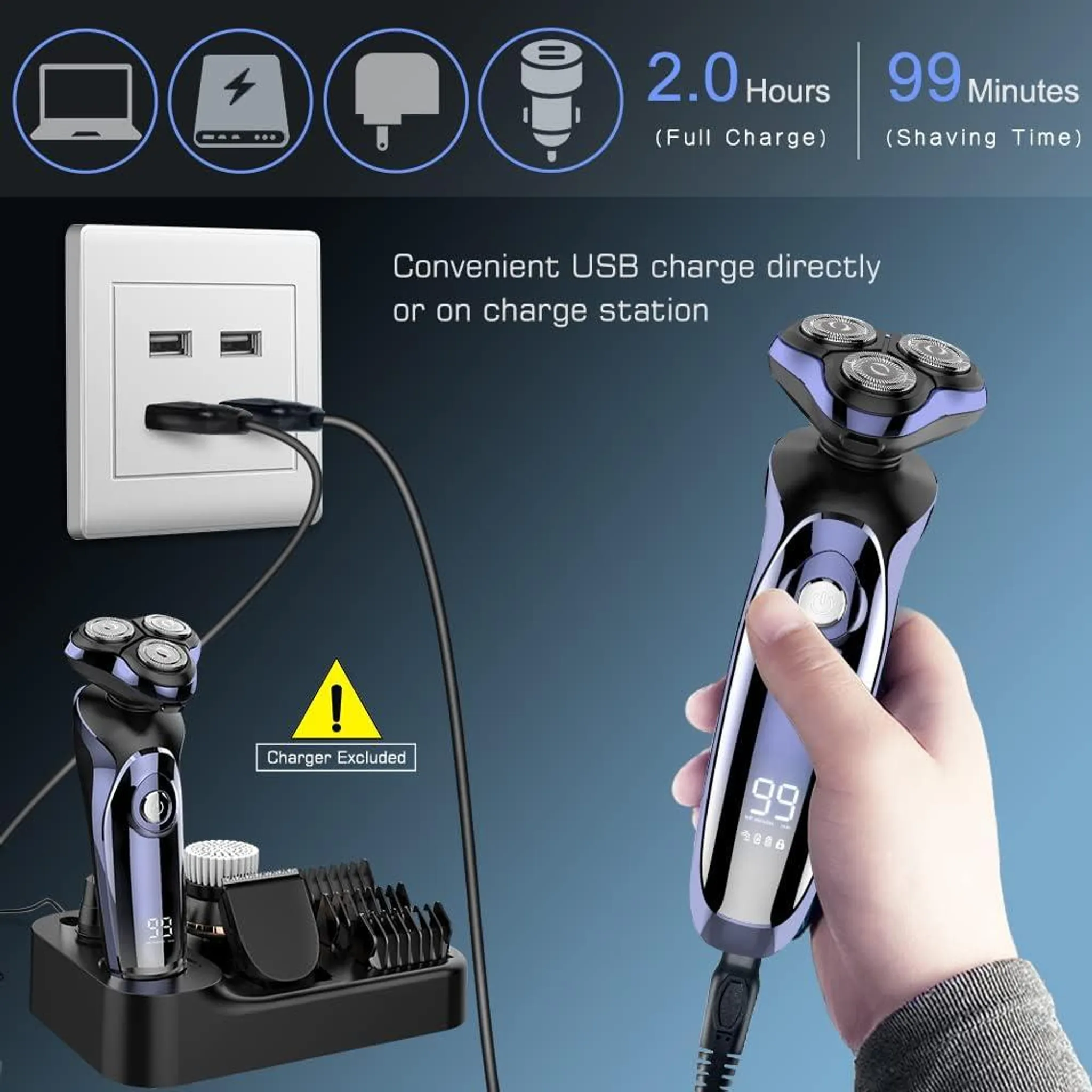 Ein violetter Rasierer lädt über USB an einer Steckdose und zeigt 99 Min. Laufzeit an.