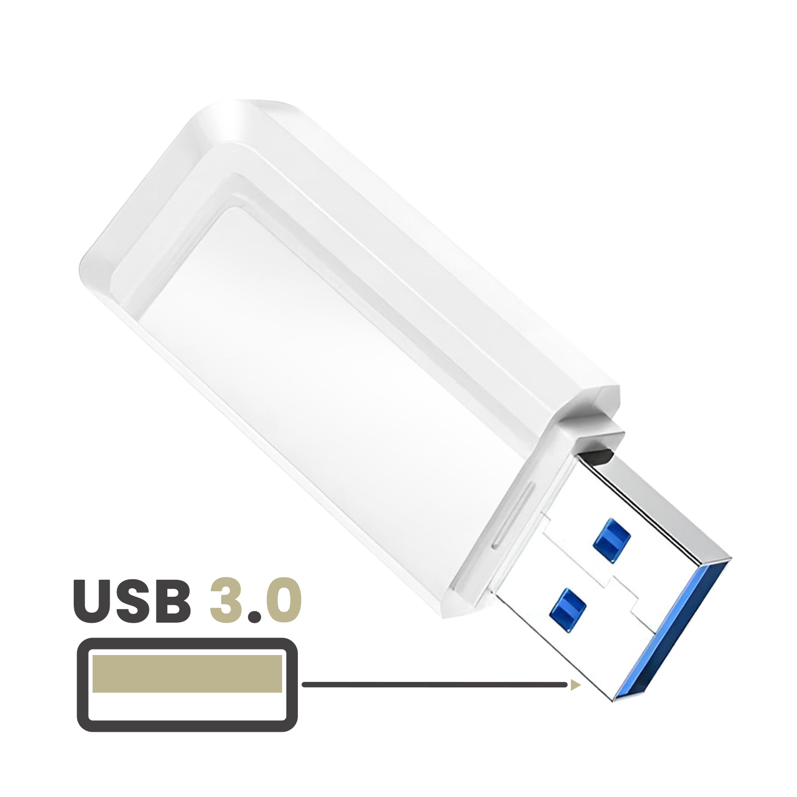 Ein weißer USB-3.0-Stick mit blauem Stecker und Symbol.