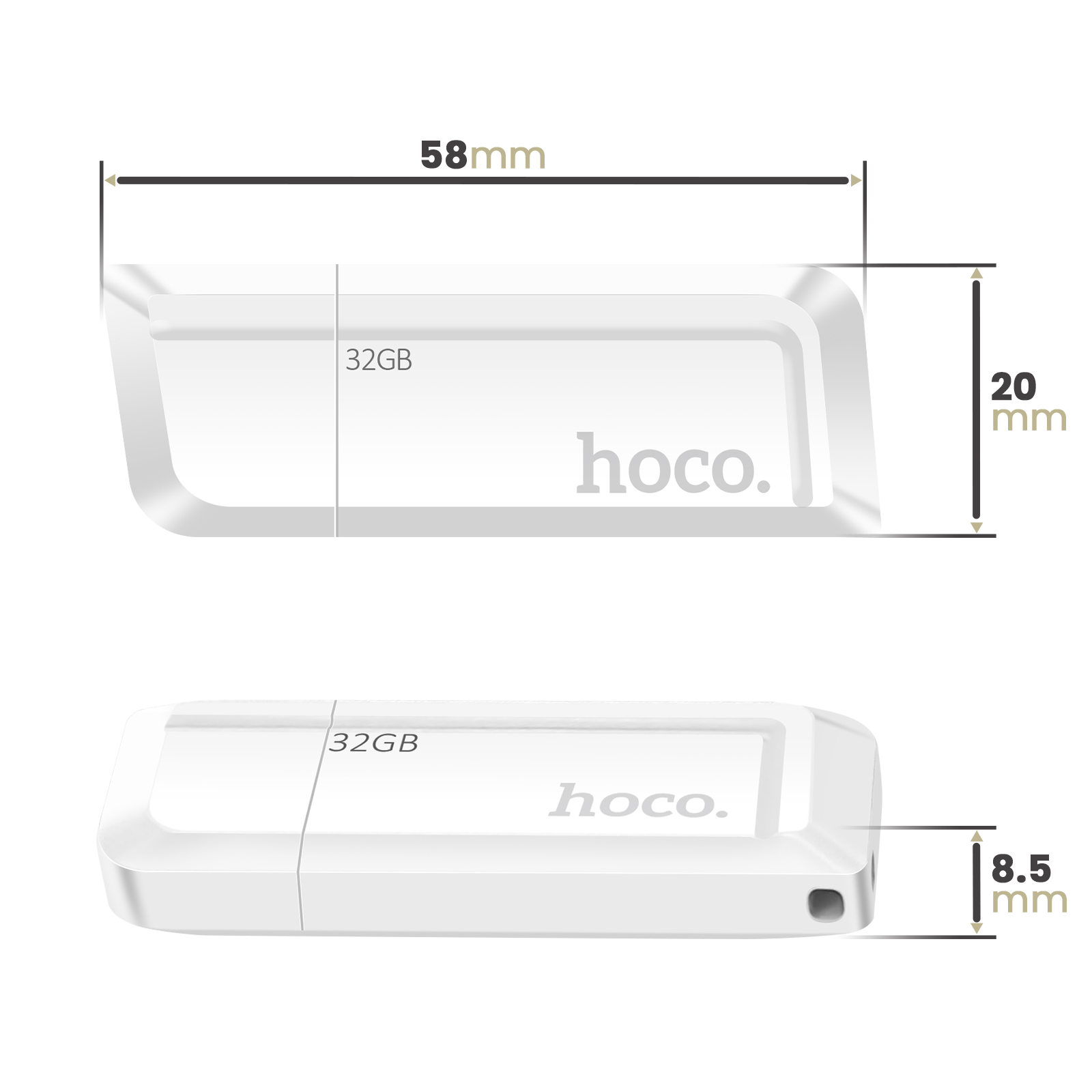 Ein weißer 32GB USB-Stick der Marke Hoco, mit Maßen 58x20x8.5mm.