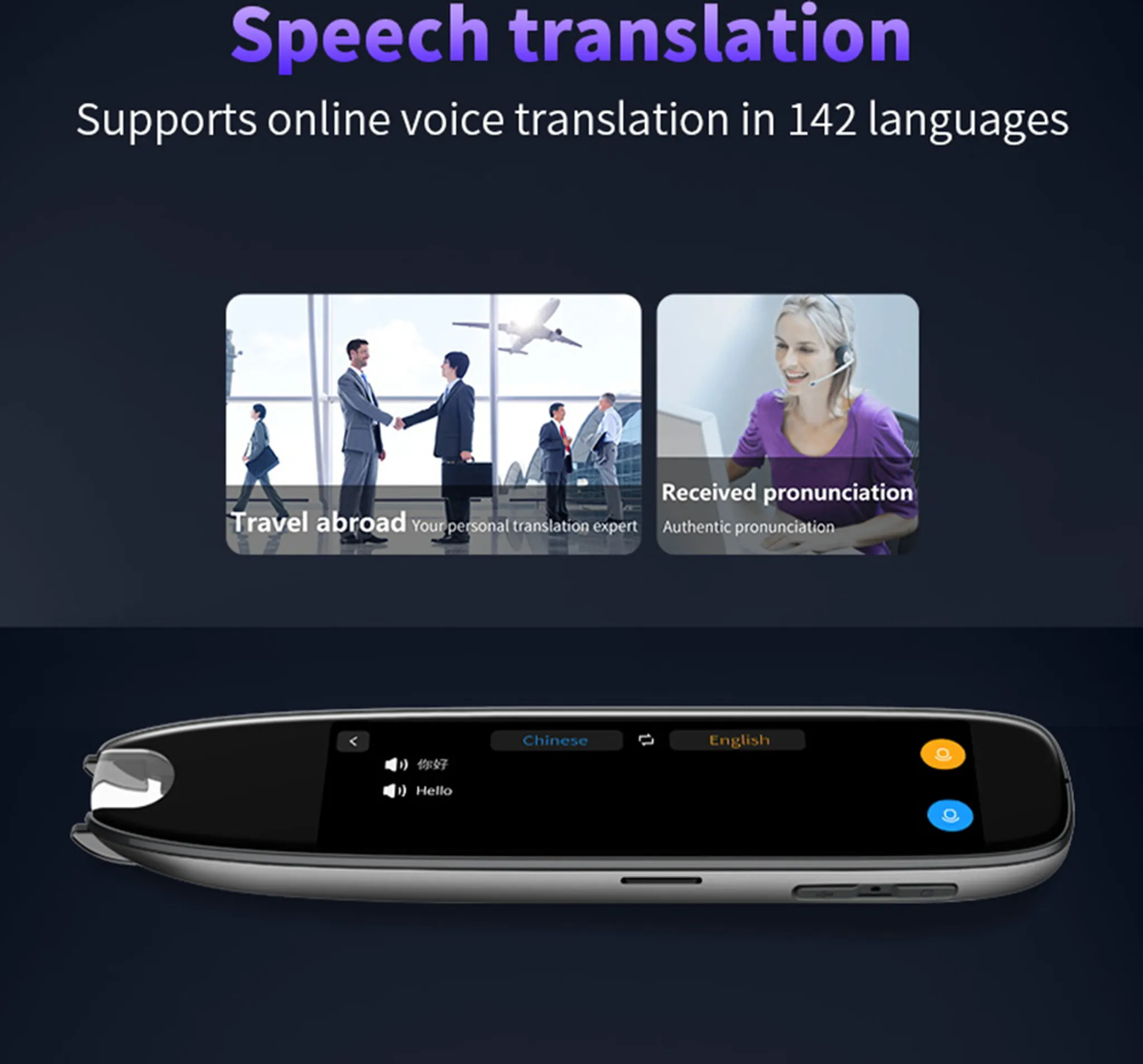 Ein Übersetzungsgerät zeigt "Hallo" auf Chinesisch und Englisch an.