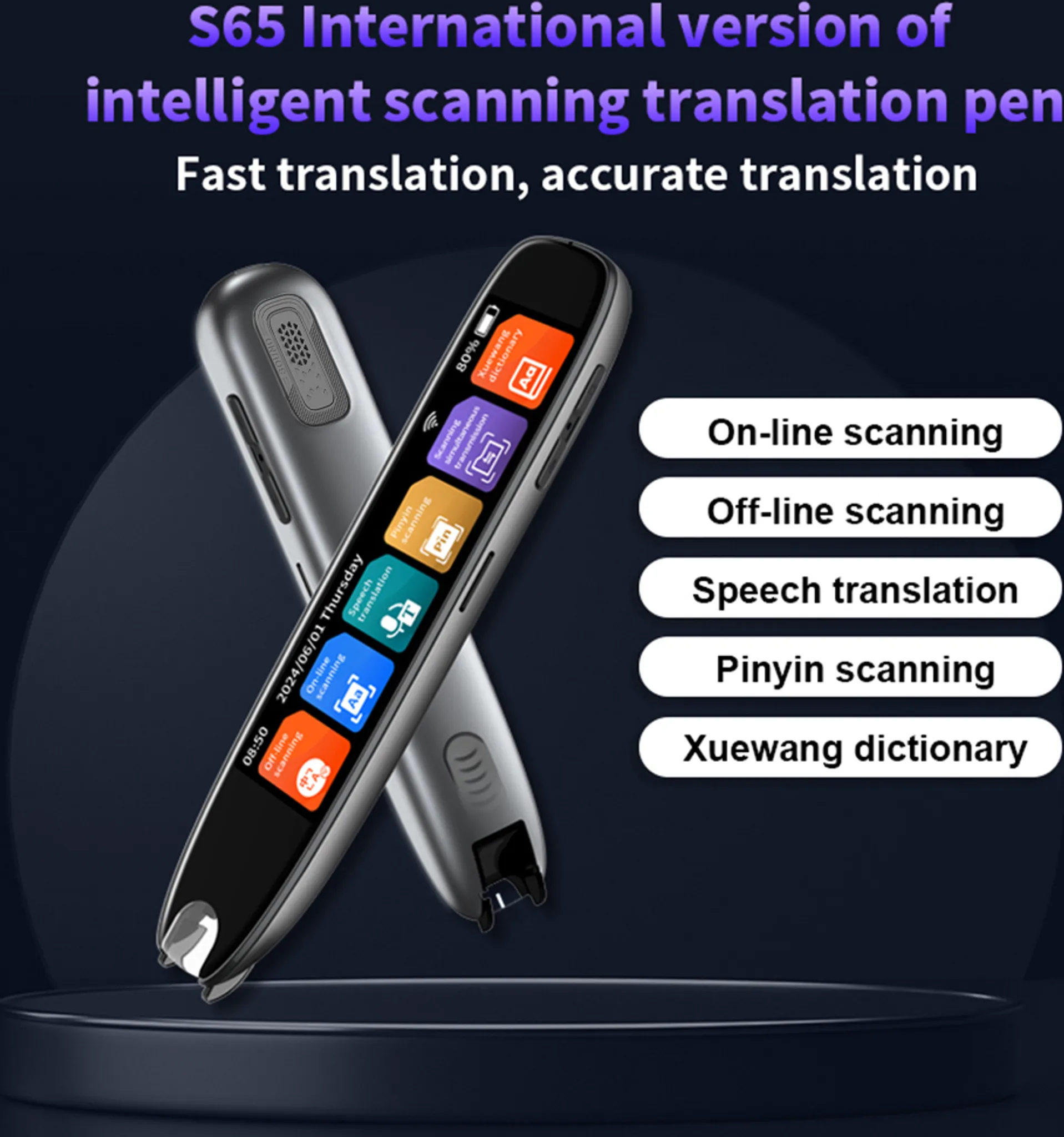 Ein intelligenter Scan-Übersetzungsstift mit Touchscreen, der verschiedene Funktionen anzeigt.