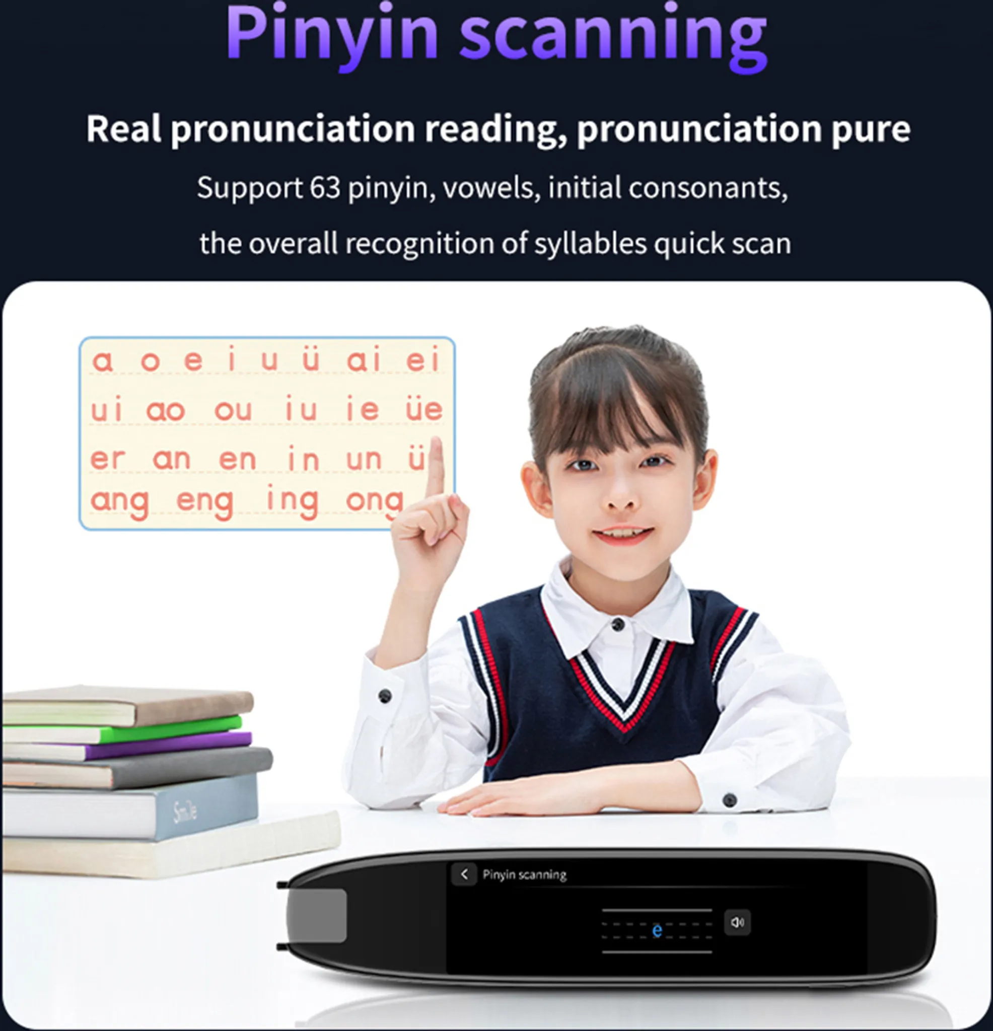 Ein Mädchen zeigt auf eine Tafel mit Pinyin-Silben, daneben ein Scanner.