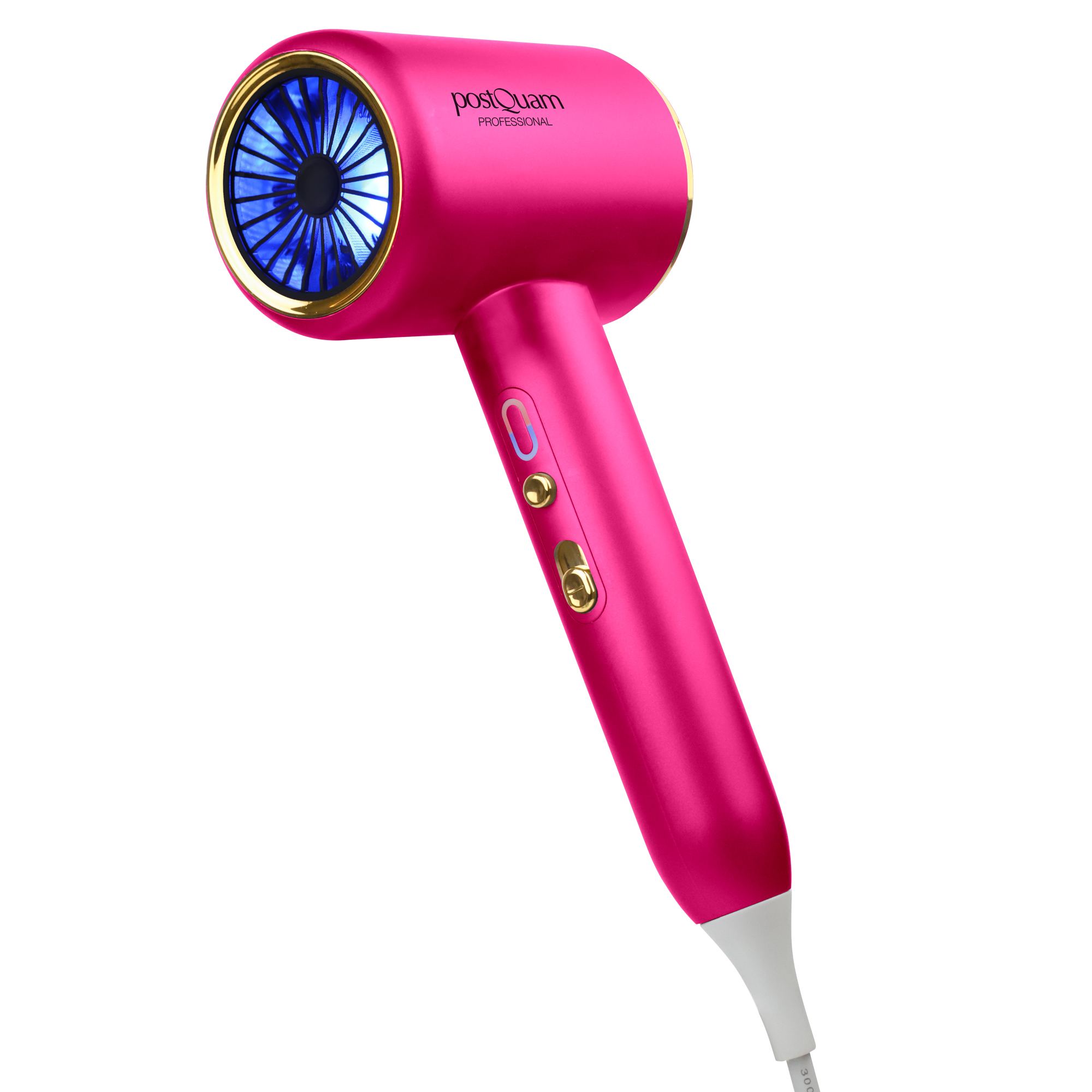 Różowa suszarka do włosów ze złotą obwódką i niebieskim wentylatorem. Guziki i logo.