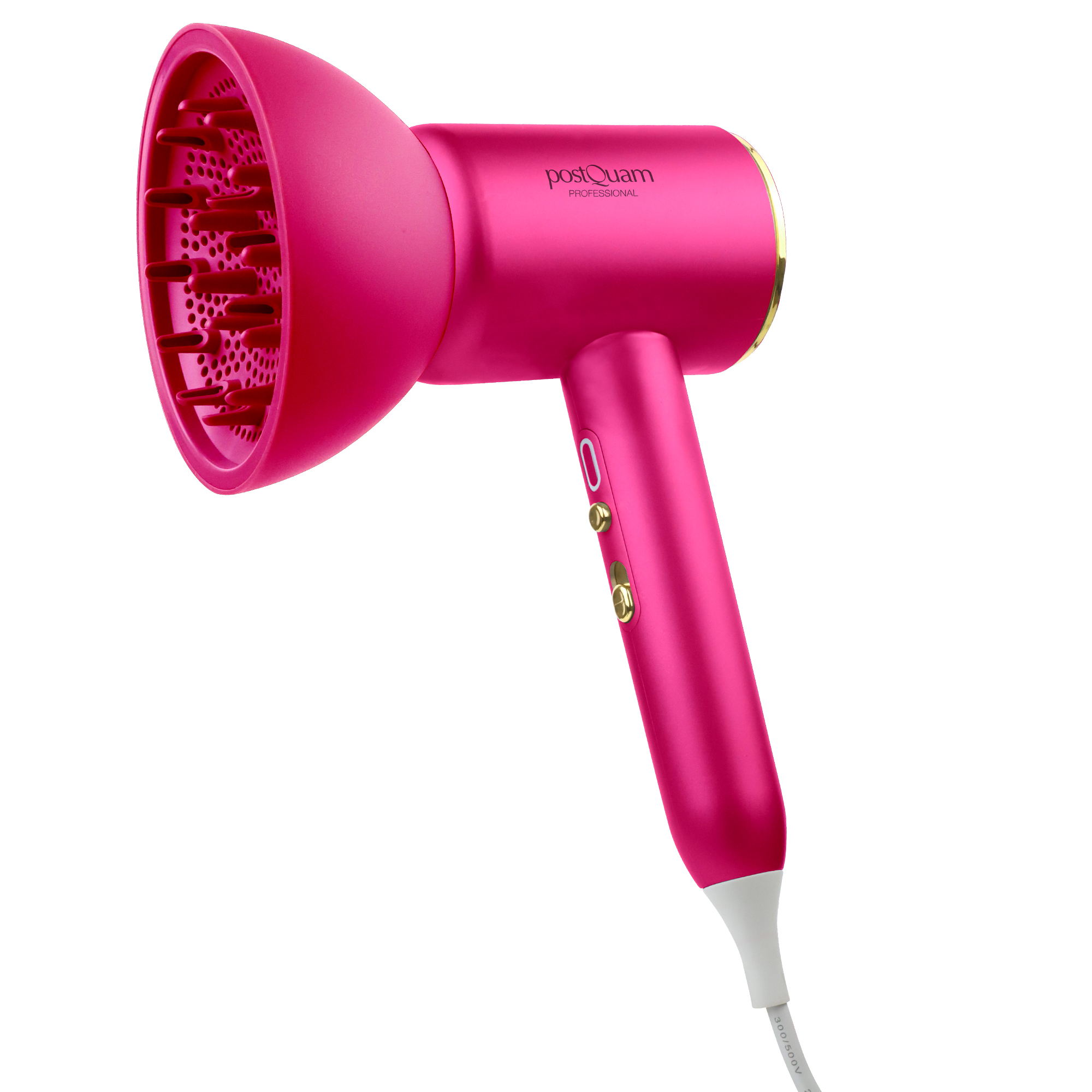 Różowa suszarka do włosów z dyfuzorem, złotymi akcentami i przyciskami.