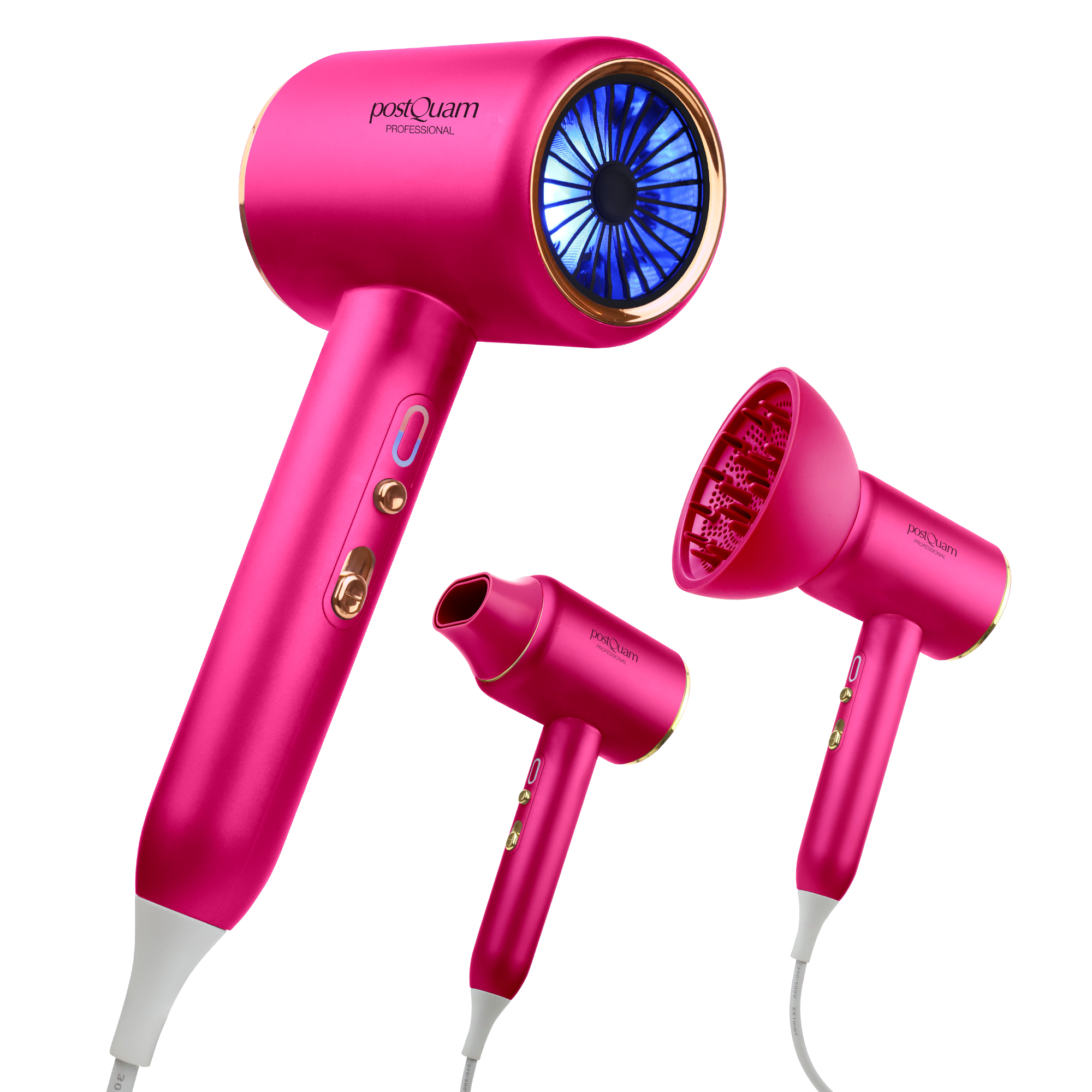 Trzy różowe suszarki do włosów ze złotymi akcentami na białym tle.