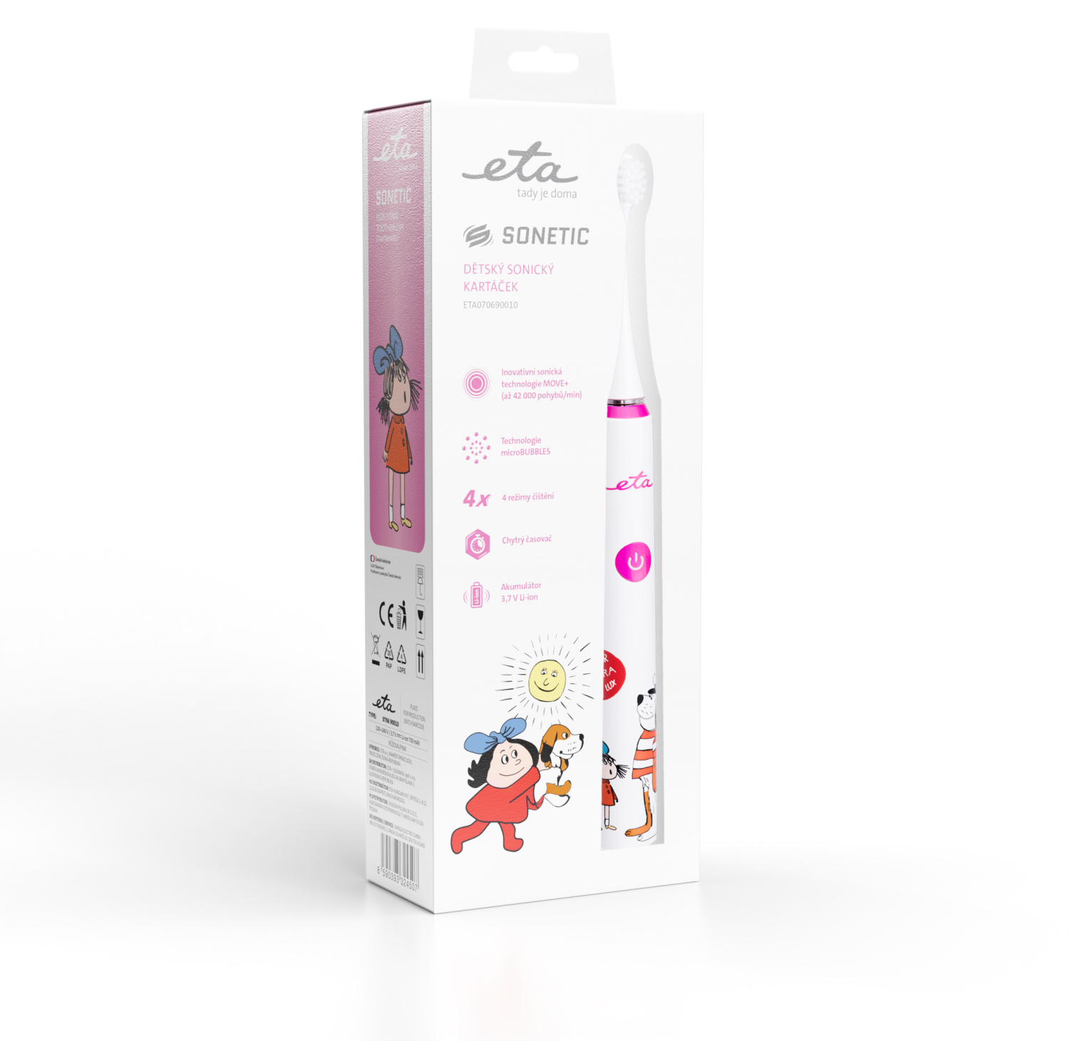 Weiße Sonic Zahnbürste mit rosa Akzenten, in Verpackung mit Kinderillustrationen.