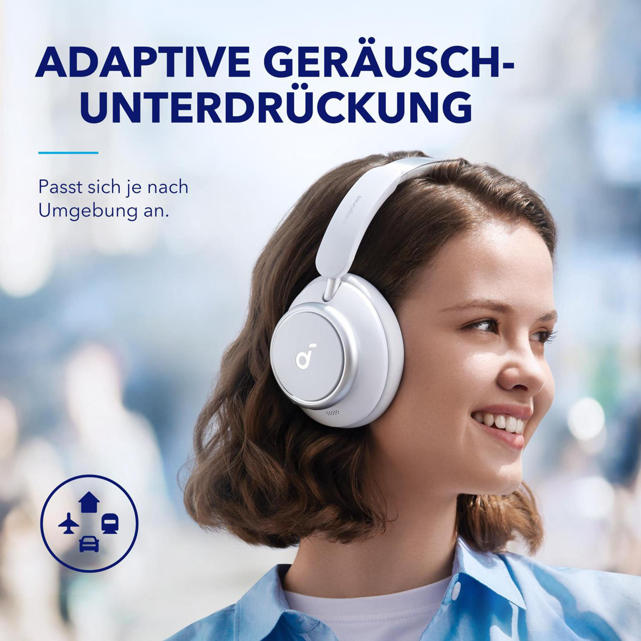 Kobieta z białymi słuchawkami dopasowującymi się do otoczenia. Ikony samolotu, domu, samochodu, pociągu.