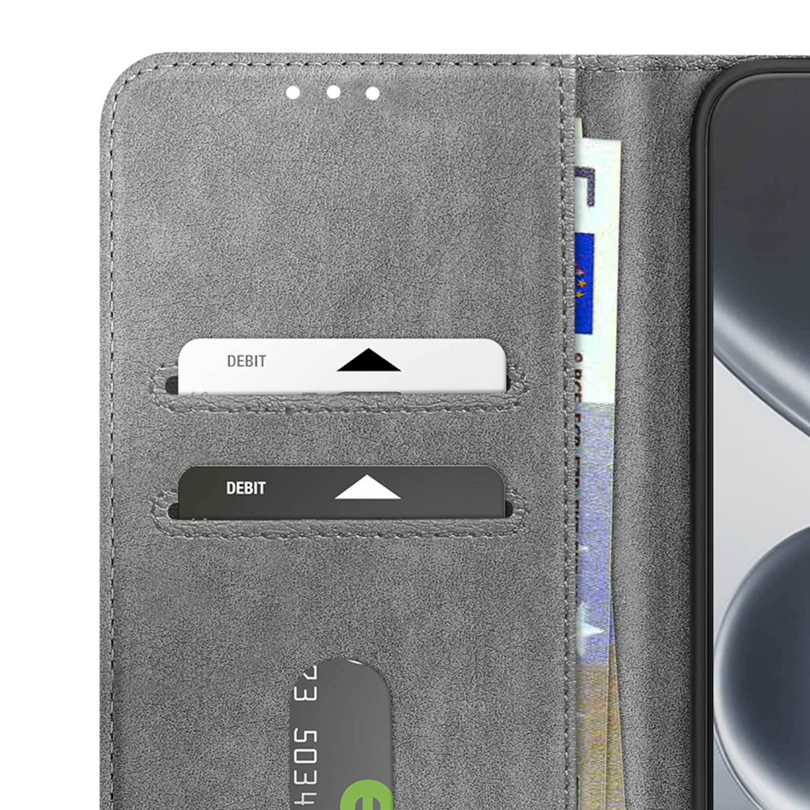 Graues Portemonnaie mit zwei Kartenschlitzen, einer Euro-Banknote und einem Smartphone.