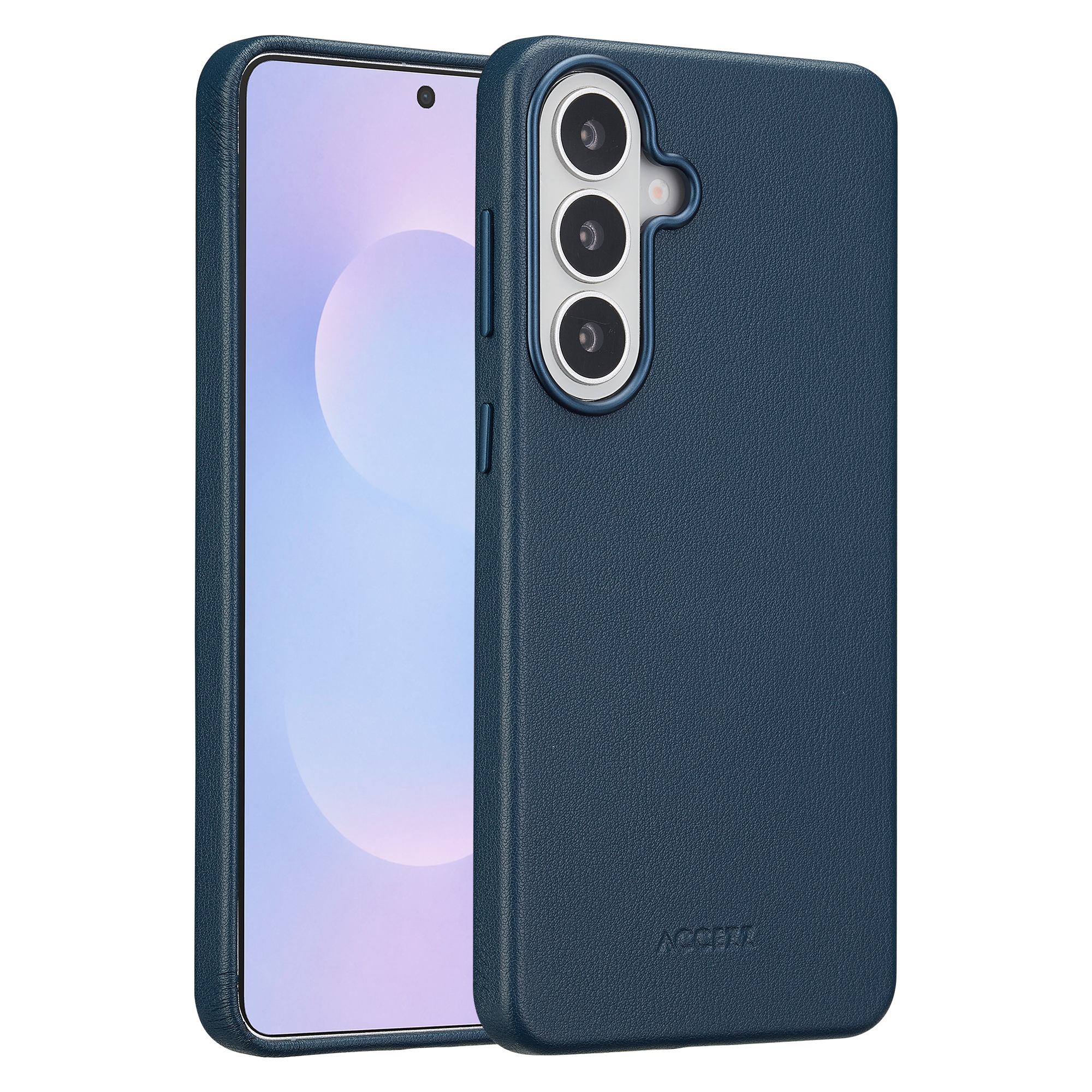 Coque de téléphone bleu foncé avec trois caméras, sur fond blanc.