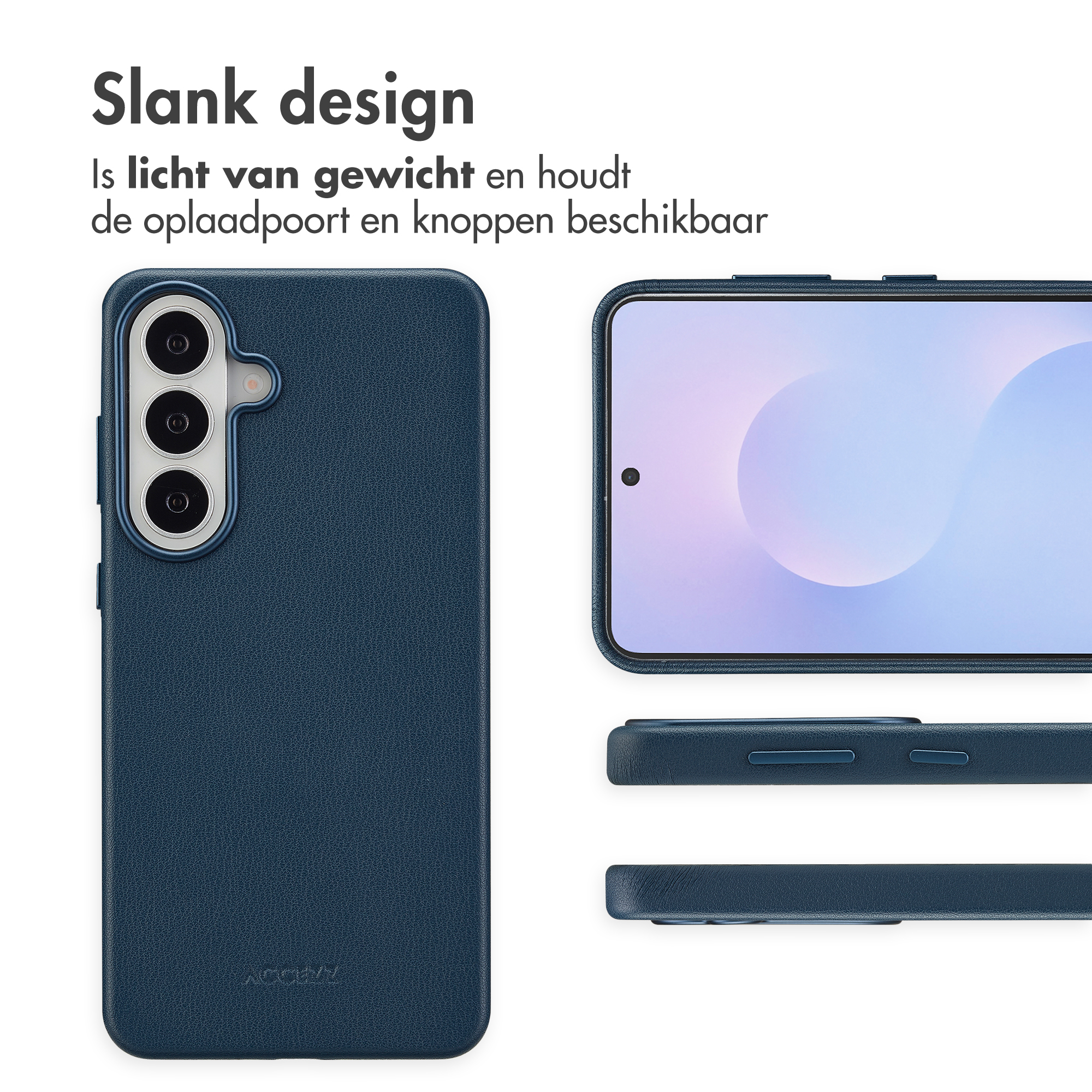 Coque de téléphone bleu foncé avec découpe caméra et boutons latéraux.