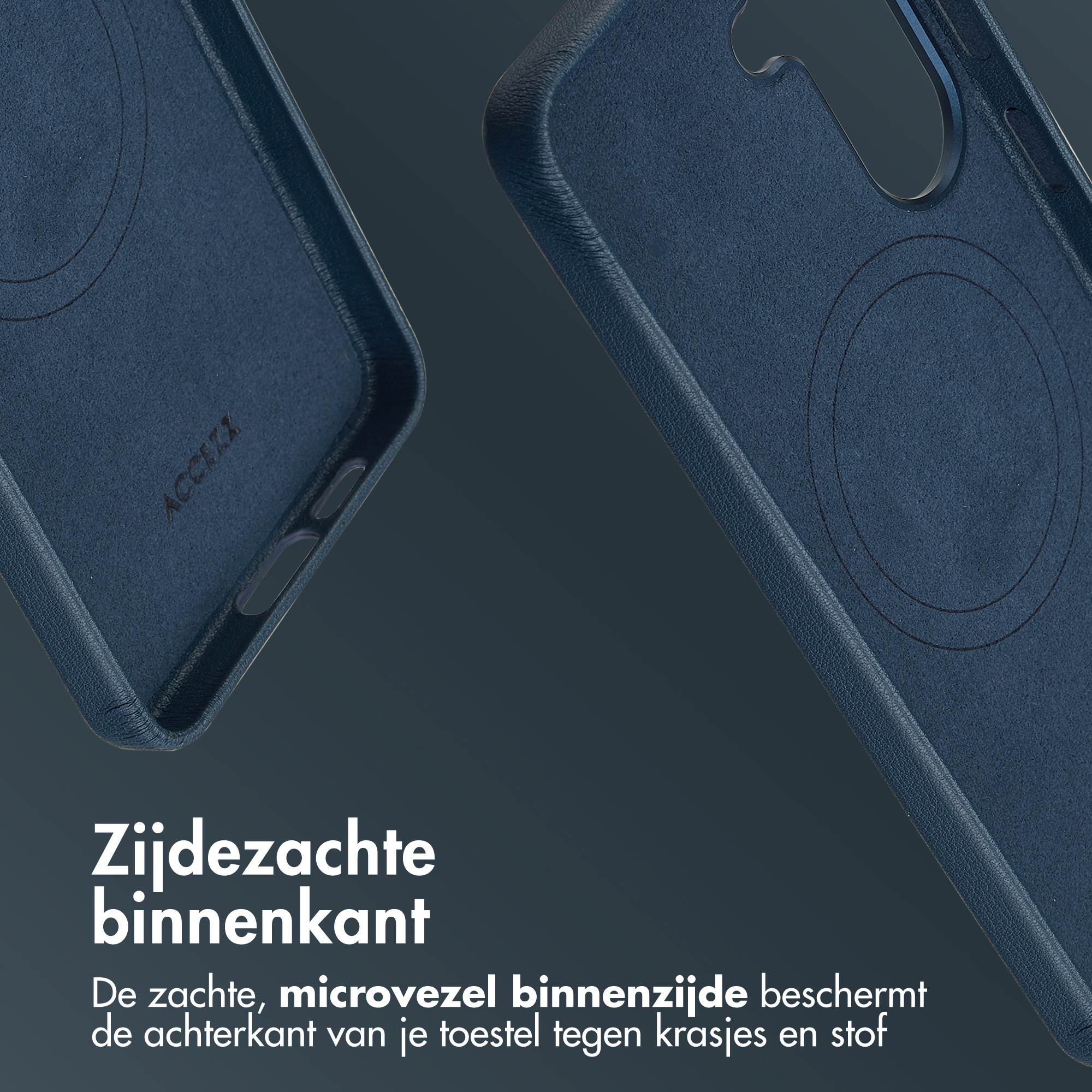 Coque de téléphone bleu foncé avec doublure douce et logo.