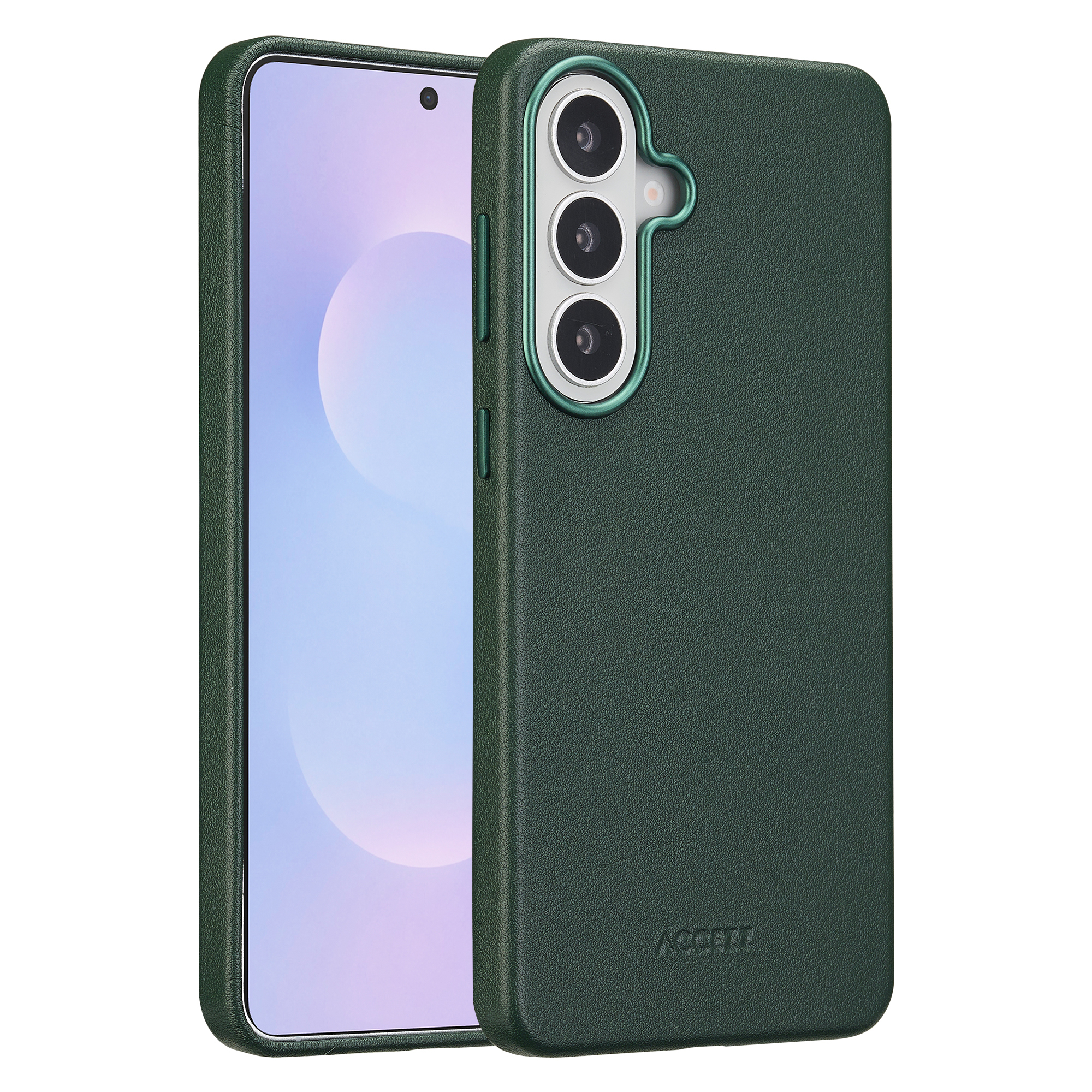 Coque de téléphone vert foncé avec trois caméras et objectif argenté.