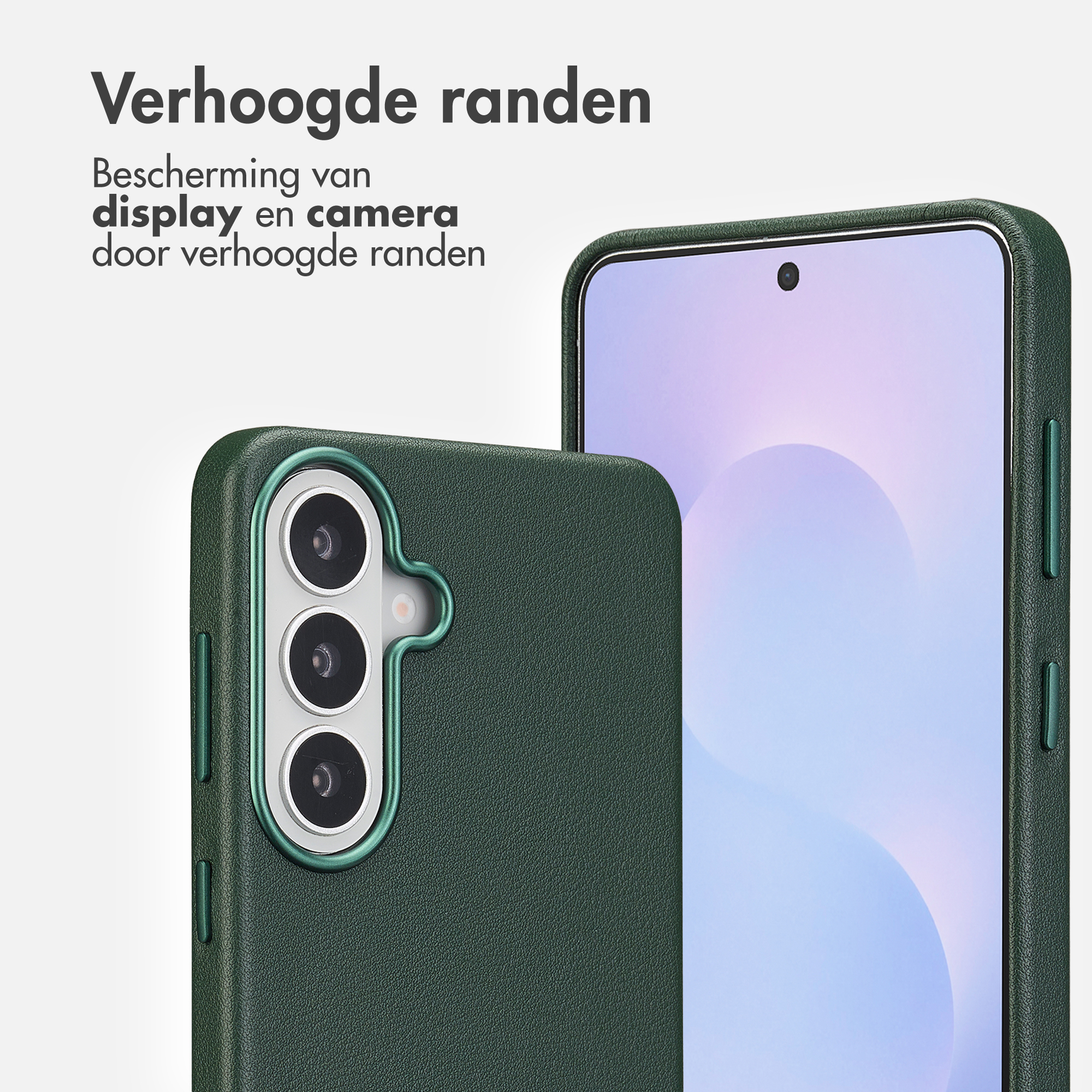 Étui de téléphone vert foncé avec bords surélevés protégeant l'écran et la caméra.