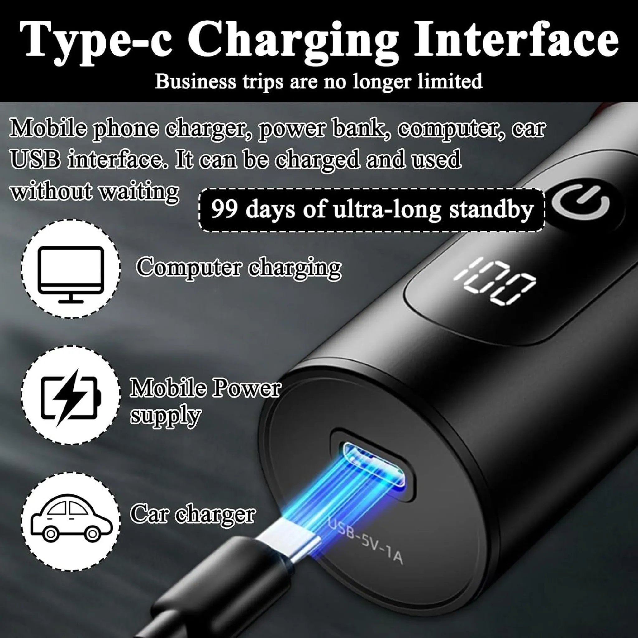 Schwarzes Ladegerät mit USB-C-Anschluss, Ladeanzeige und Symbolen für Computer, Stromversorgung und Auto.