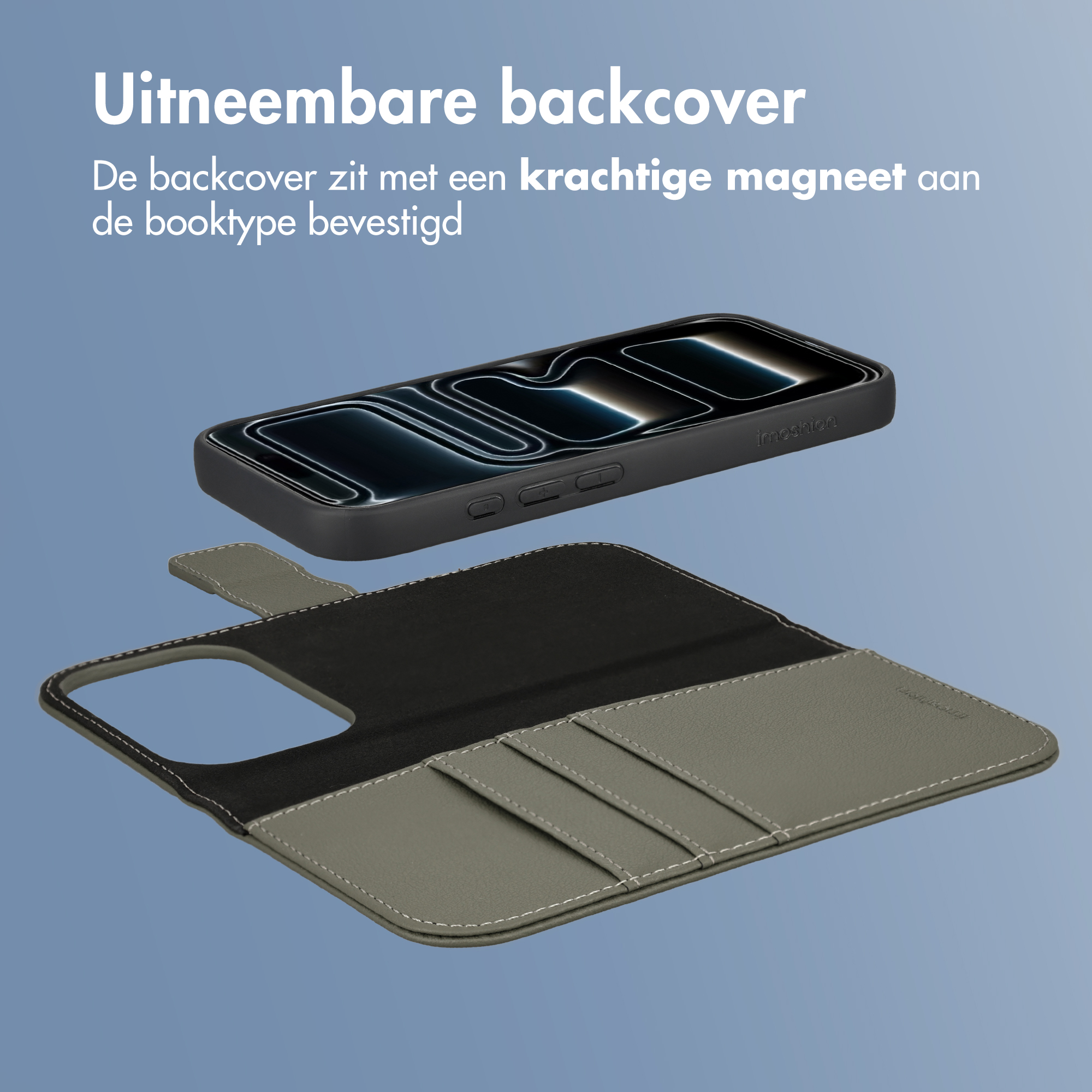 Afneembare telefoonhoes magnetisch bevestigd aan een boekstijl portemonnee.