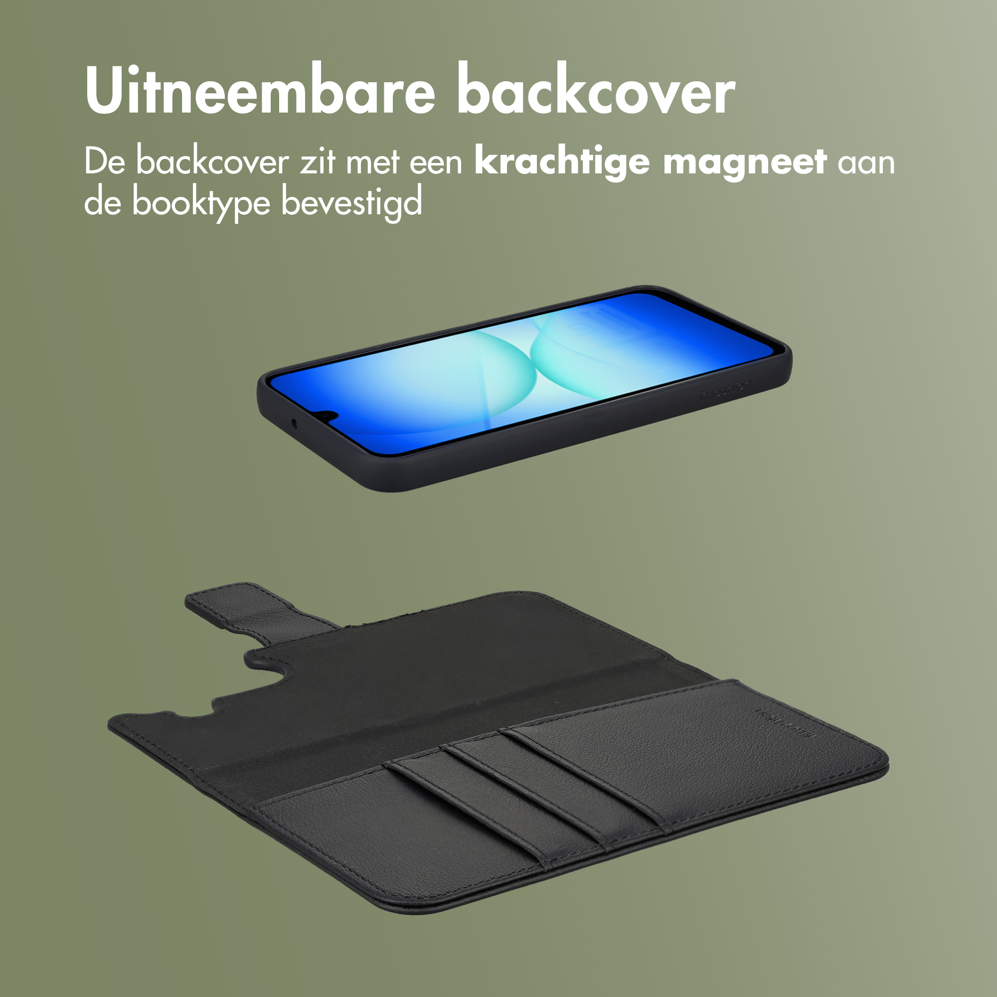Een afneembare zwarte telefoonhoes en een open boekhoes met kaartsleuven.