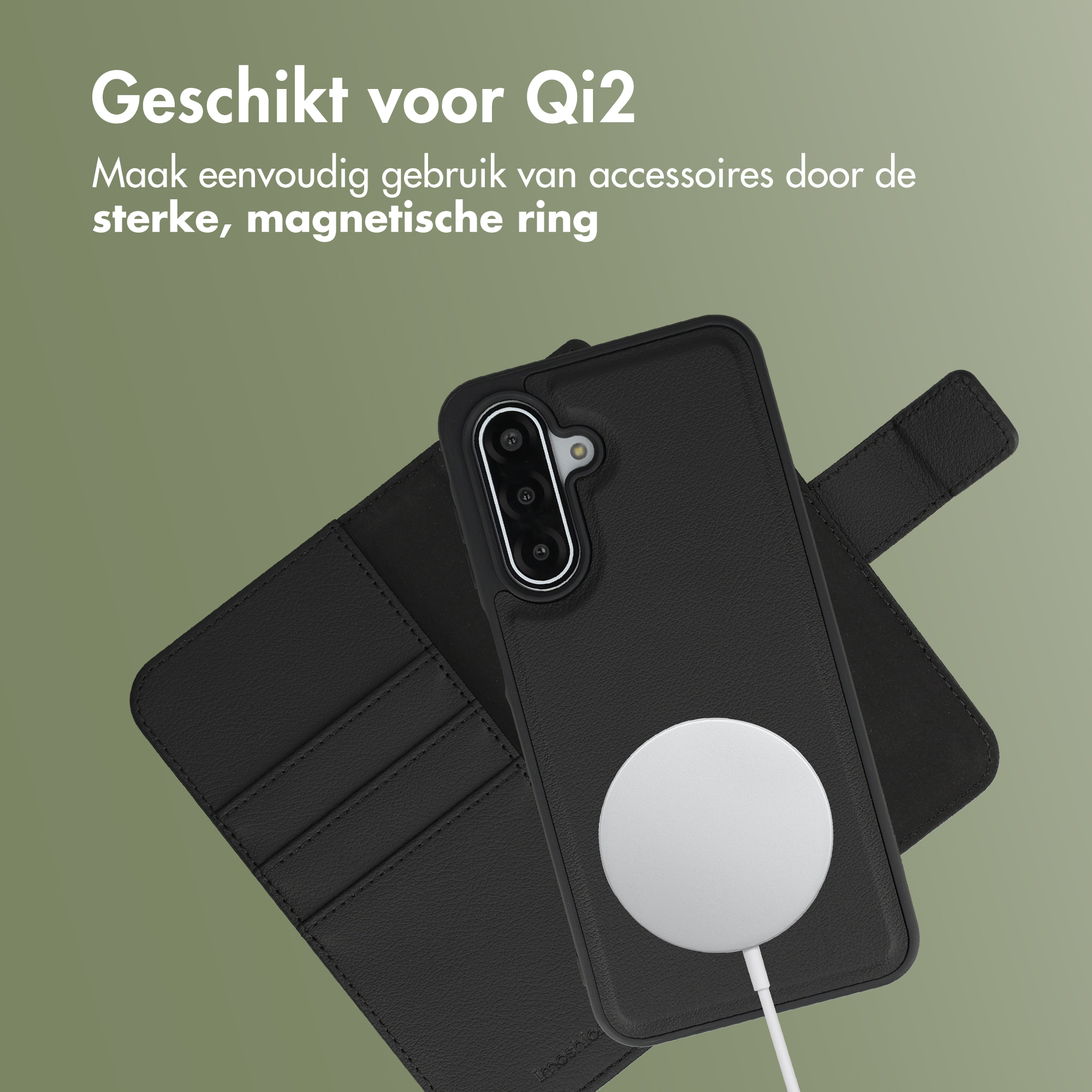 Zwarte telefoon met magnetische Qi2-lader en flipcase.