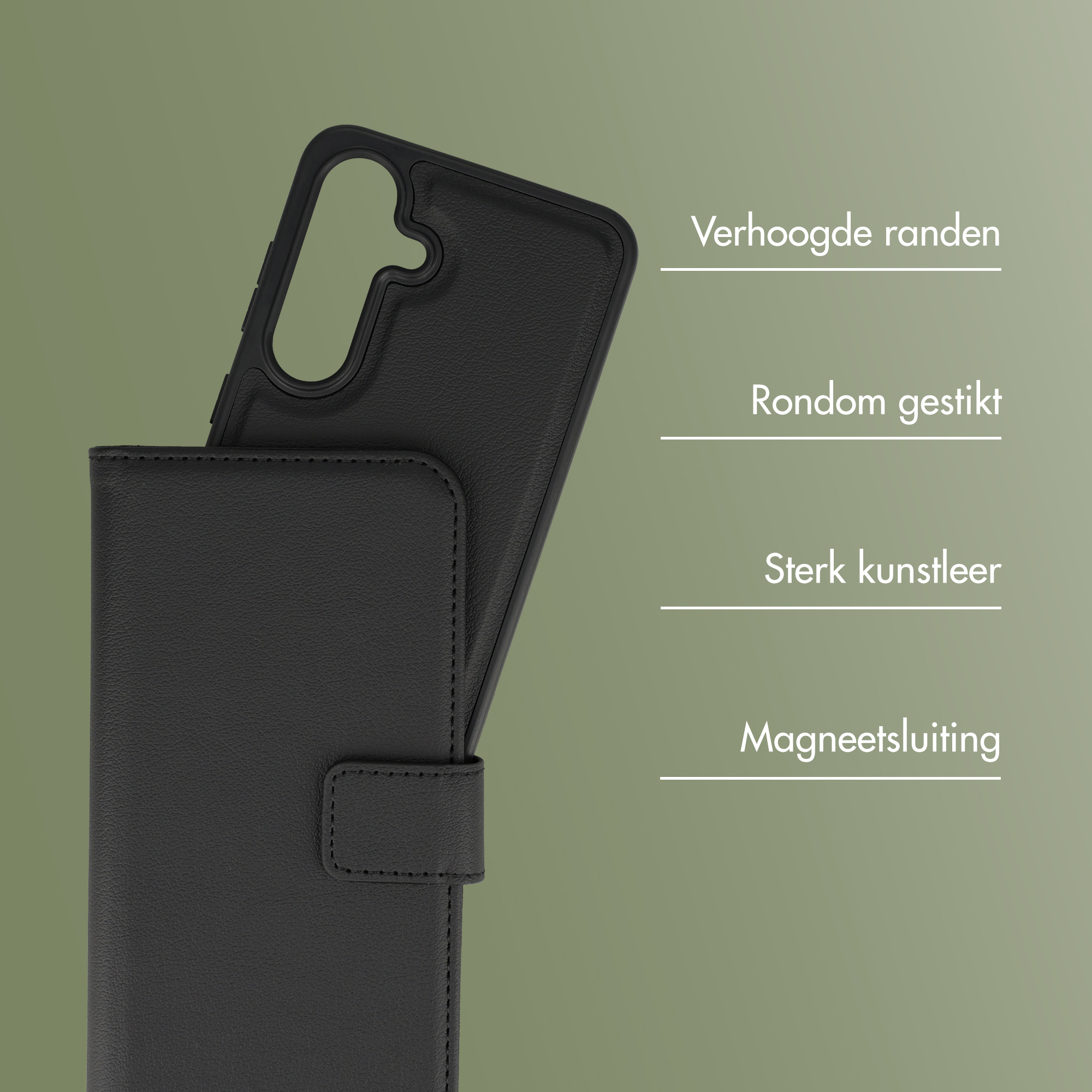 Zwarte leren telefoonhoes met verhoogde randen en magneetsluiting.