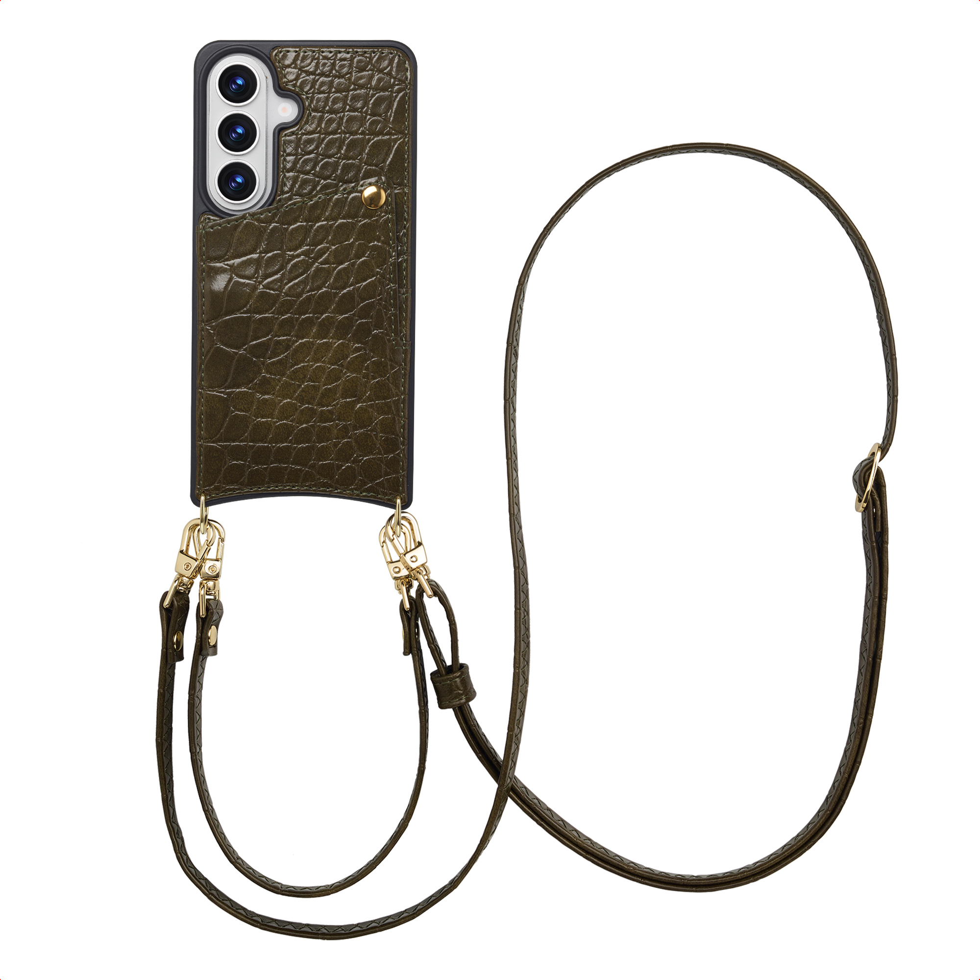 Donkergroene krokodillenleren telefoonhoes met drie camera's en een koord.