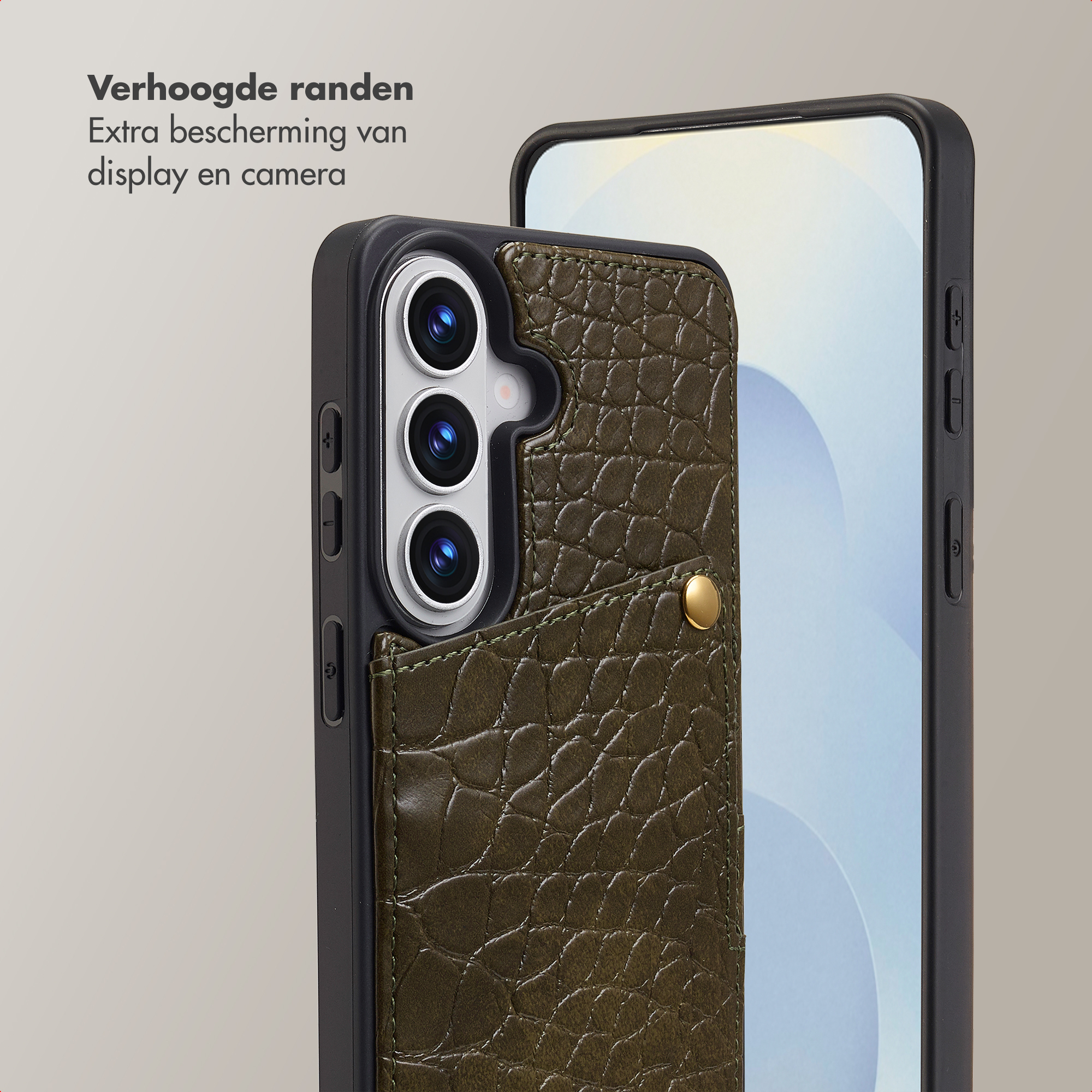 Donkergroene krokodillenleren telefoonhoes met kaarthouder en camera-uitsparing.