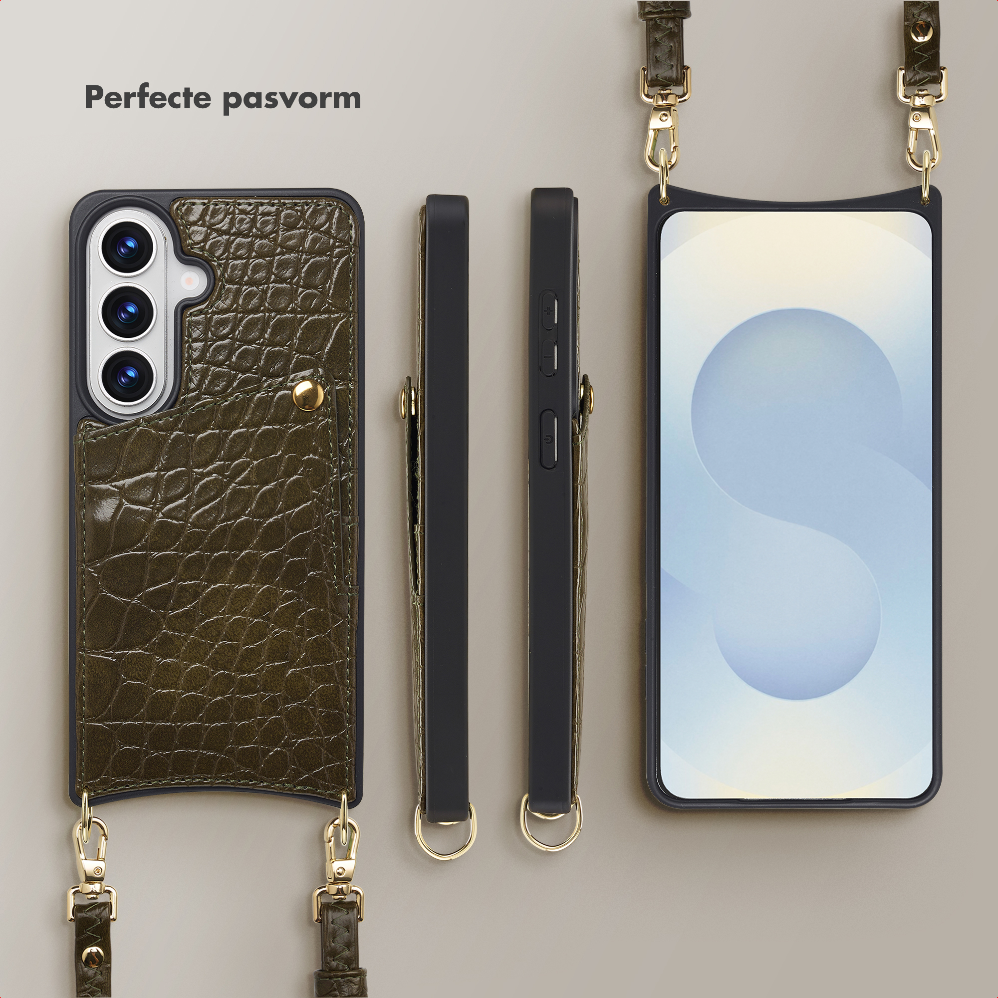 Groene krokodillenleren telefoonhoes met riem en gouden hardware.