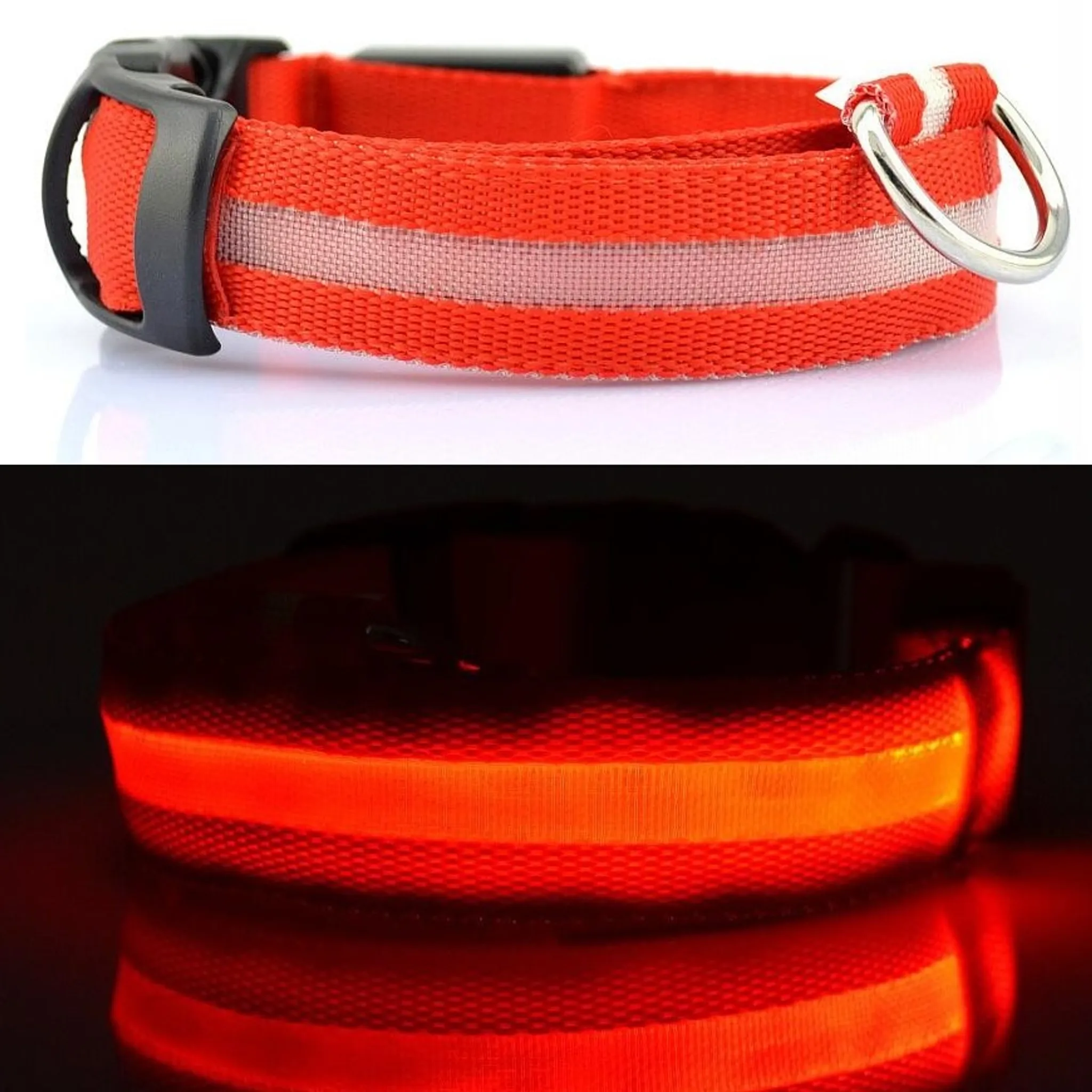 Ein rotes Hundehalsband mit reflektierenden Streifen und einem Metallring.