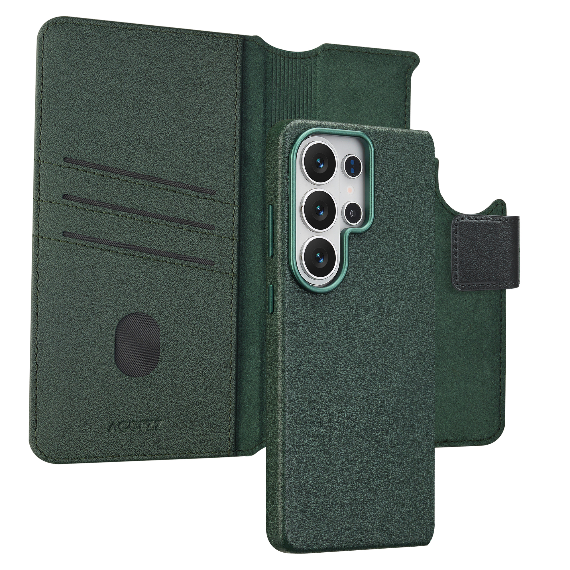 Donkergroen telefoonhoesje met kaartsleuven en camera.
