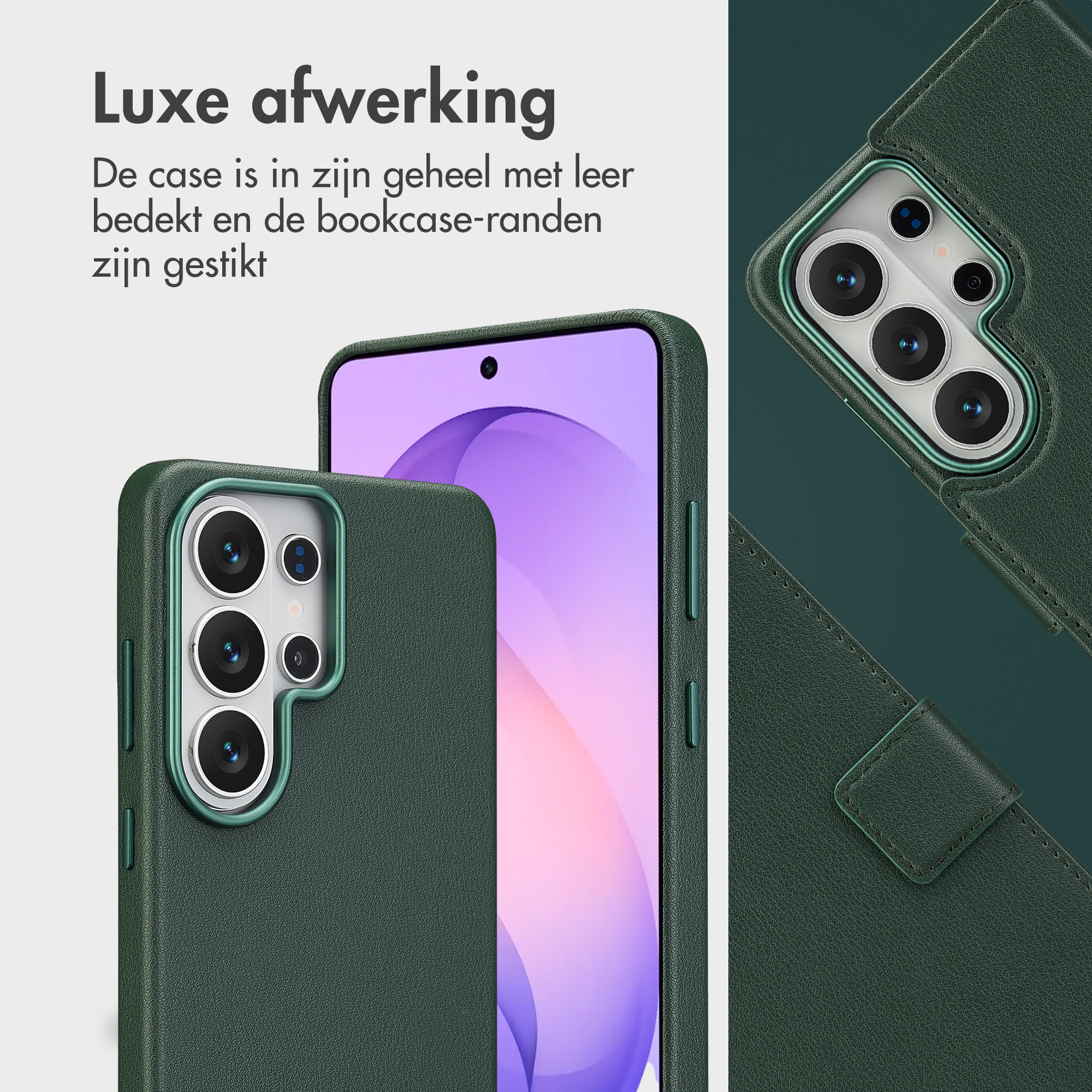 Donkergroene leren hoes met camera-uitsparing en telefoonscherm