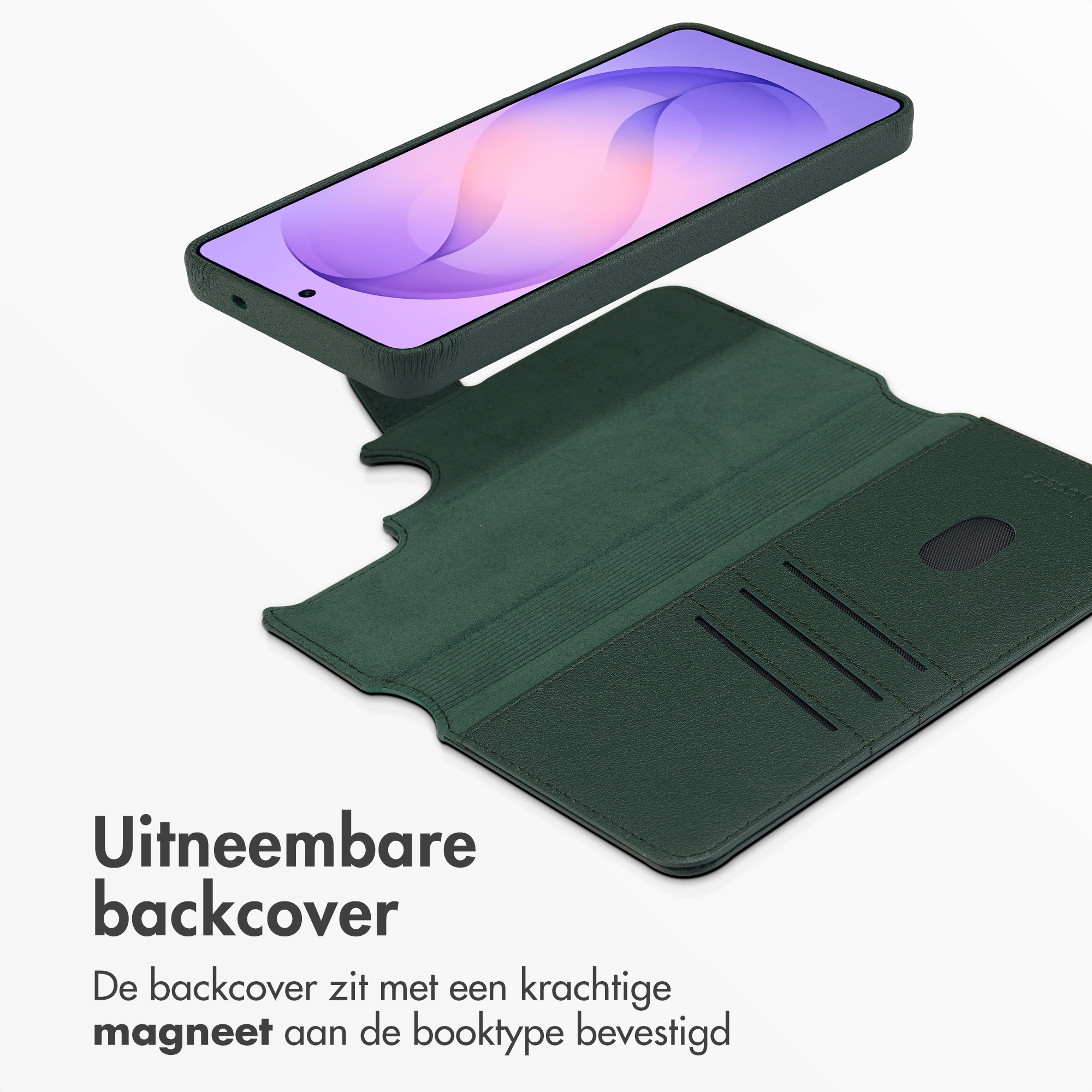Donkergroene leren telefoonhoes met afneembare backcover en kaartsleuven.